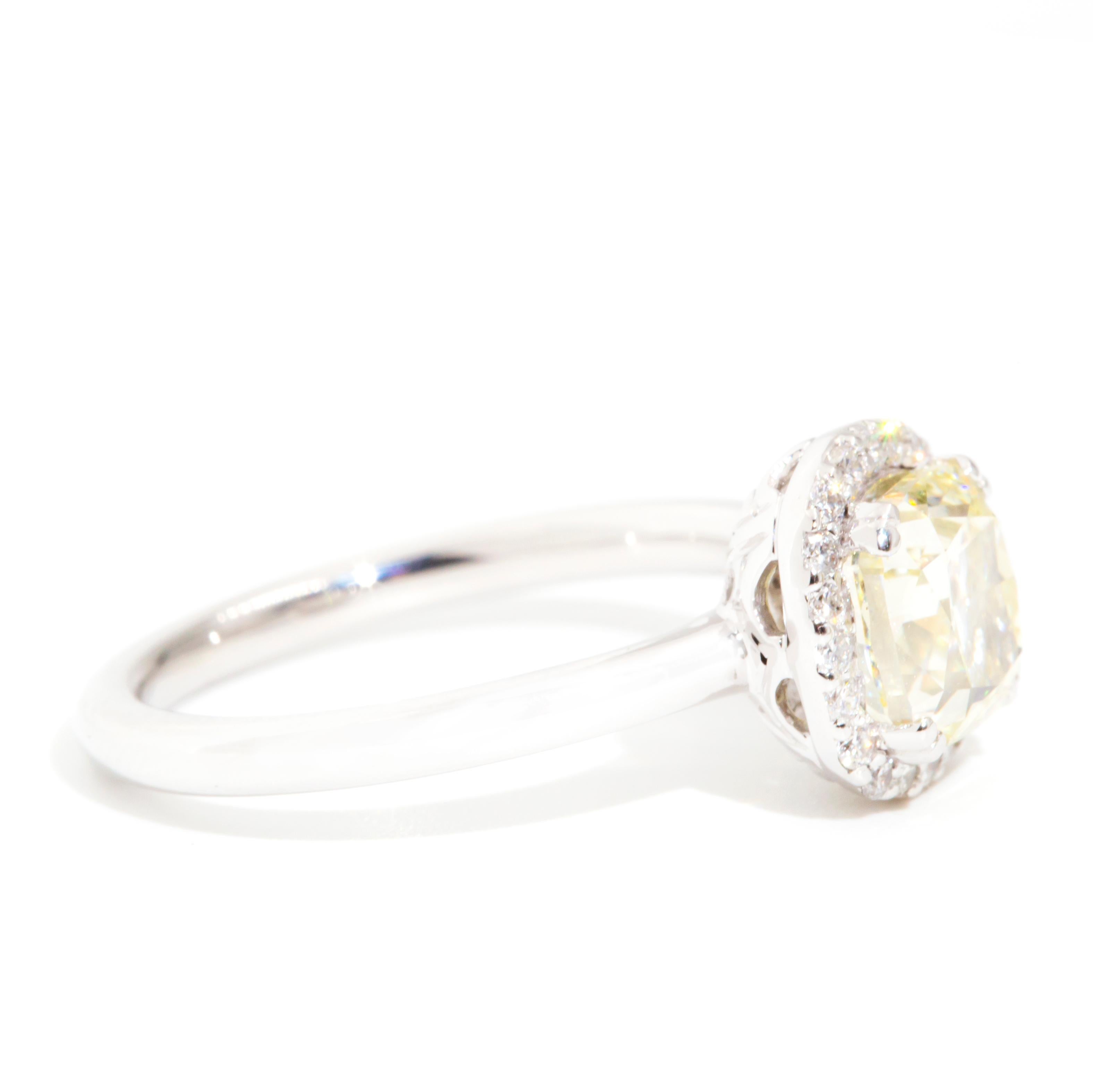 Certified 2.00 Carat Fancy Yellow Diamond Contemporary 18 Carat Gold Halo Ring 2