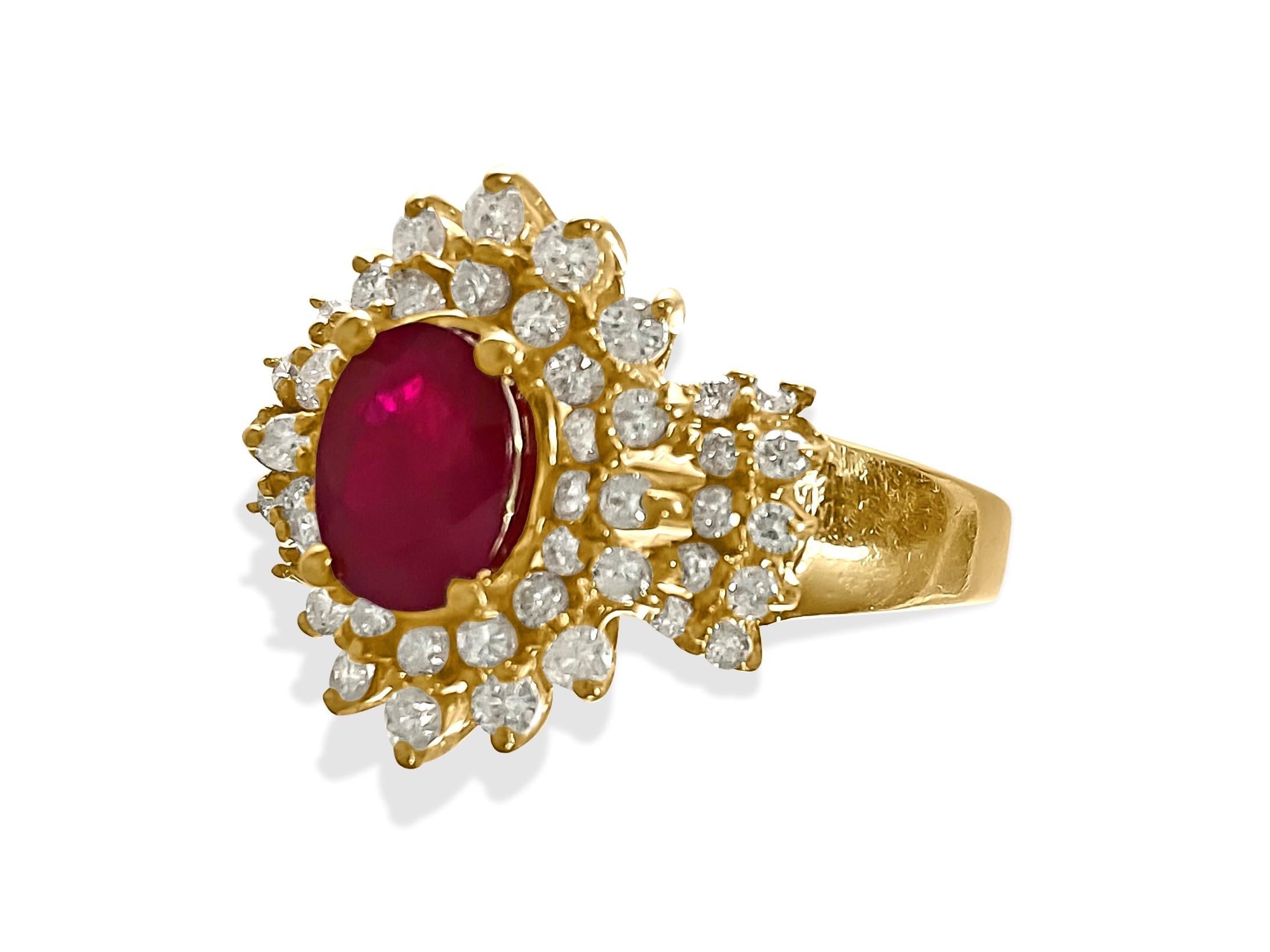 This is a ring made of 14K yellow gold. In the middle, there's a 2.00 carat Burma ruby, which is a natural gemstone. It's oval-shaped and has really nice color. The ring also has 2.25 carats of diamonds in total. These diamonds are round and have