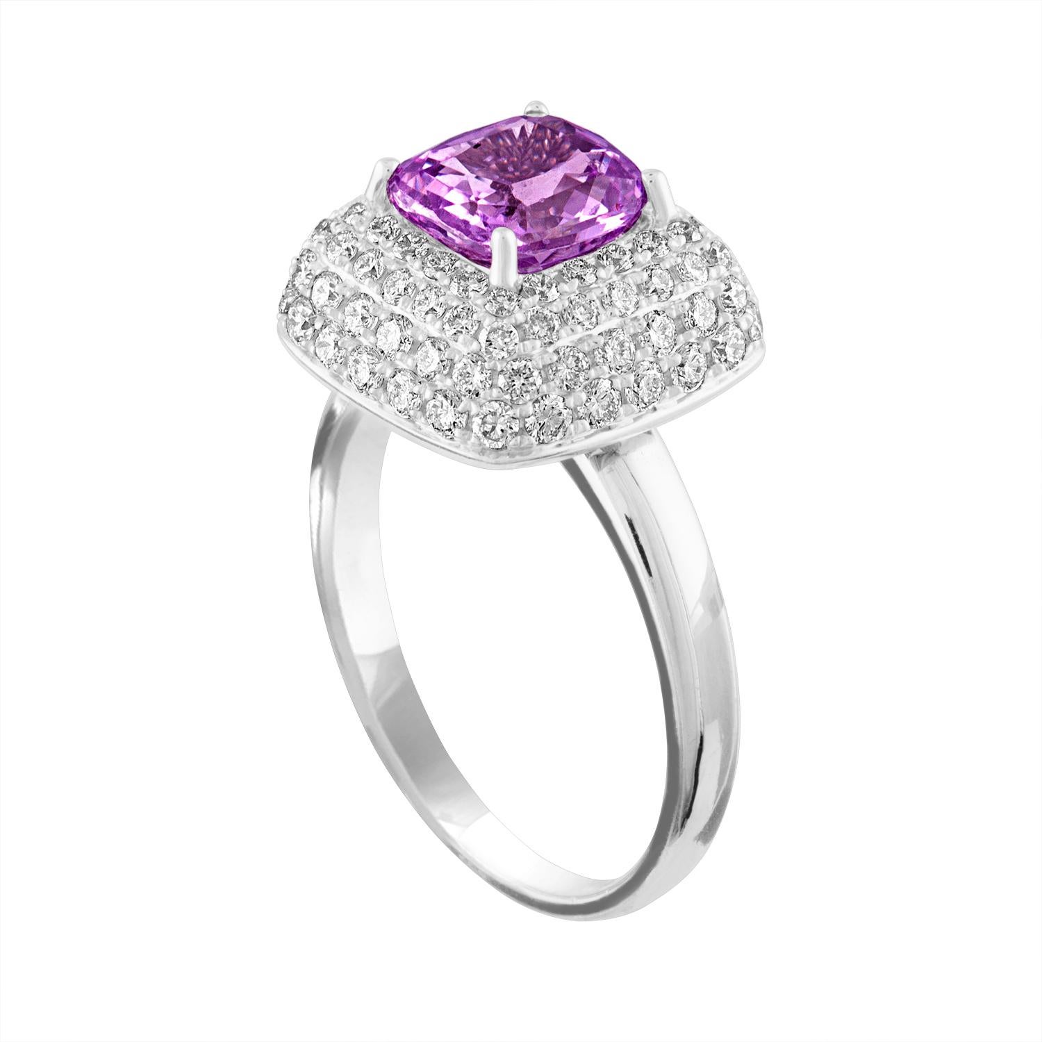 Beautiful Pave Sapphire Ring
The ring is 18K White Gold
The Sapphire is a Purple Pink Cushion 1.92 Carat
The Sapphire is GIA Certified NO HEAT
There are 1.20 Carats in Diamonds F/G VS/SI
The ring is a size 6.50, sizable
The ring weighs 4.7 grams