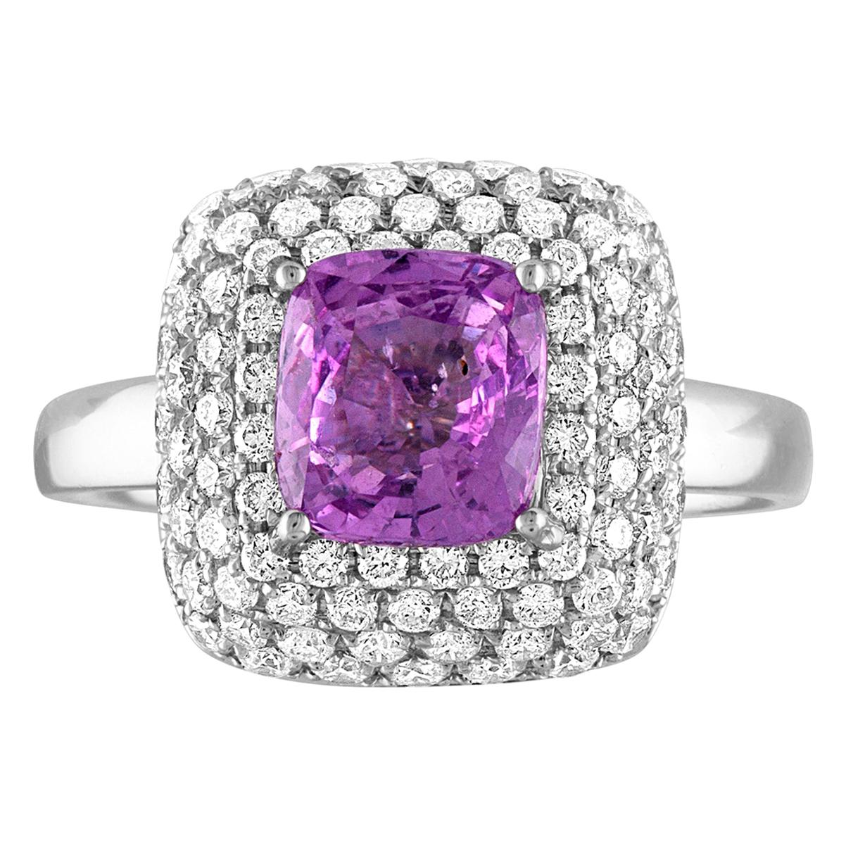 Bague en or pavé de diamants et saphir violet coussin de 1,92 carat, certifié GIA, sans chaleur en vente