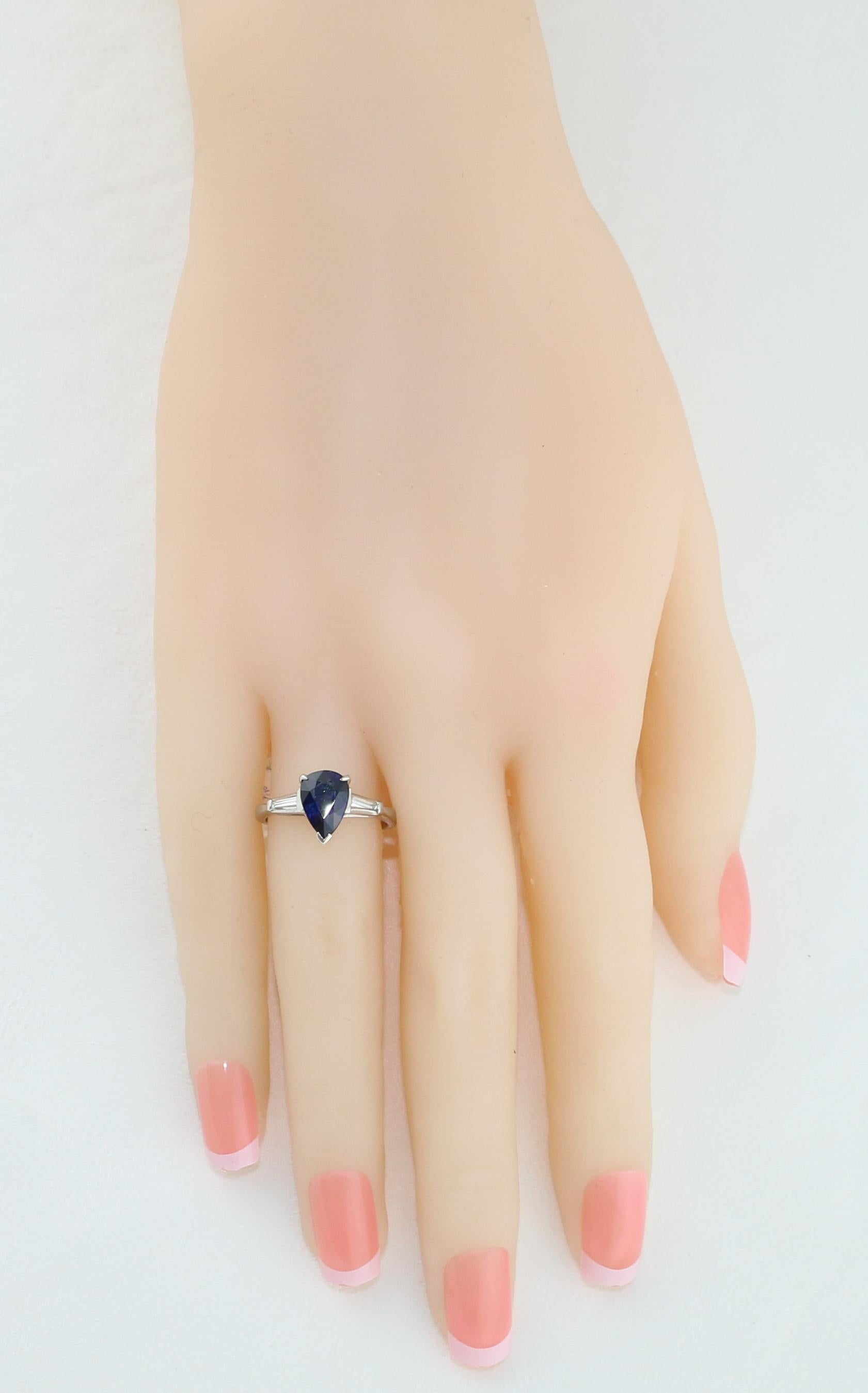 Certified 2.01 Carat Pear Blue Sapphire Diamond Platinum Ring In New Condition For Sale In New York, NY