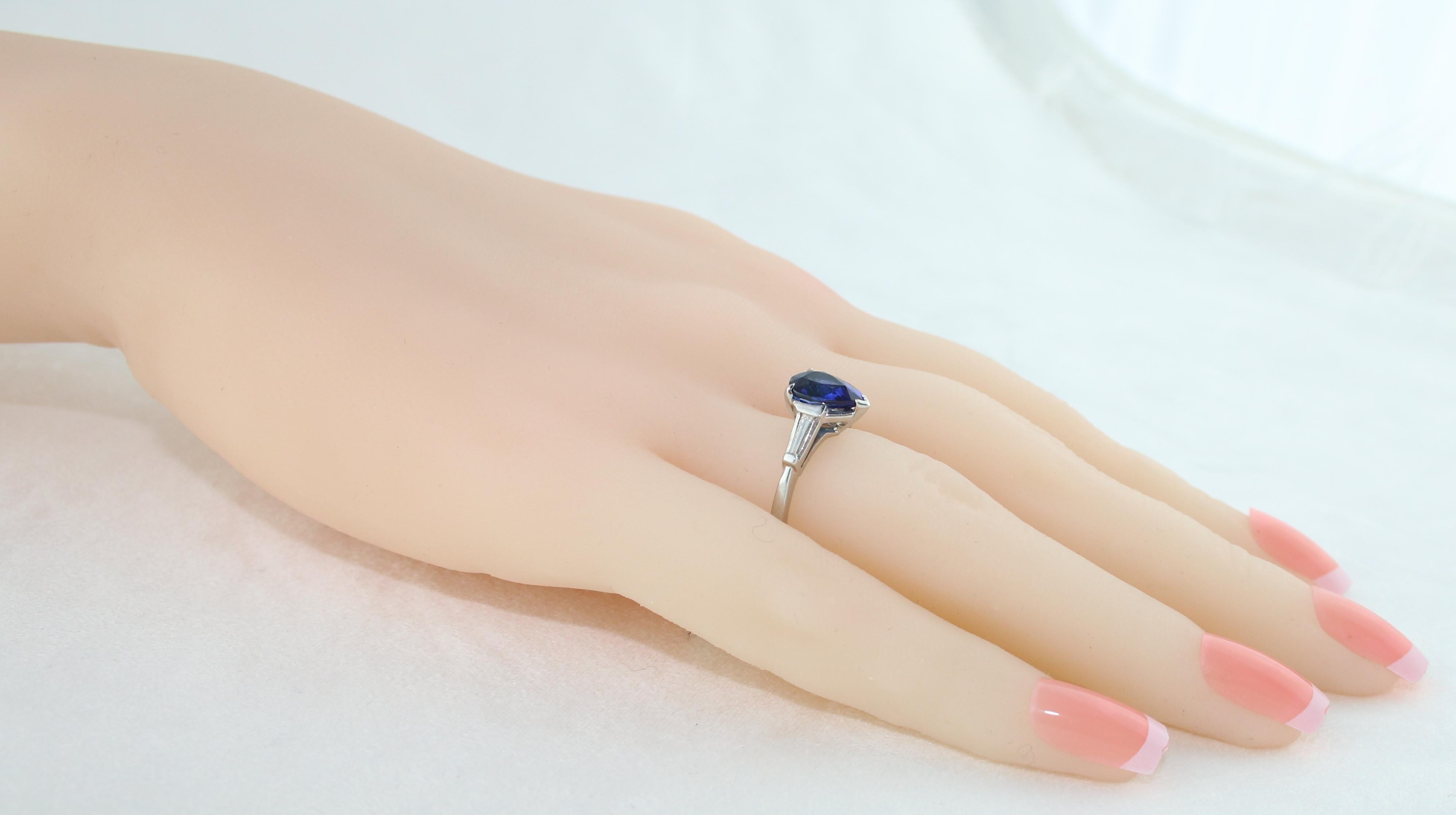 Certified 2.01 Carat Pear Blue Sapphire Diamond Platinum Ring For Sale 1