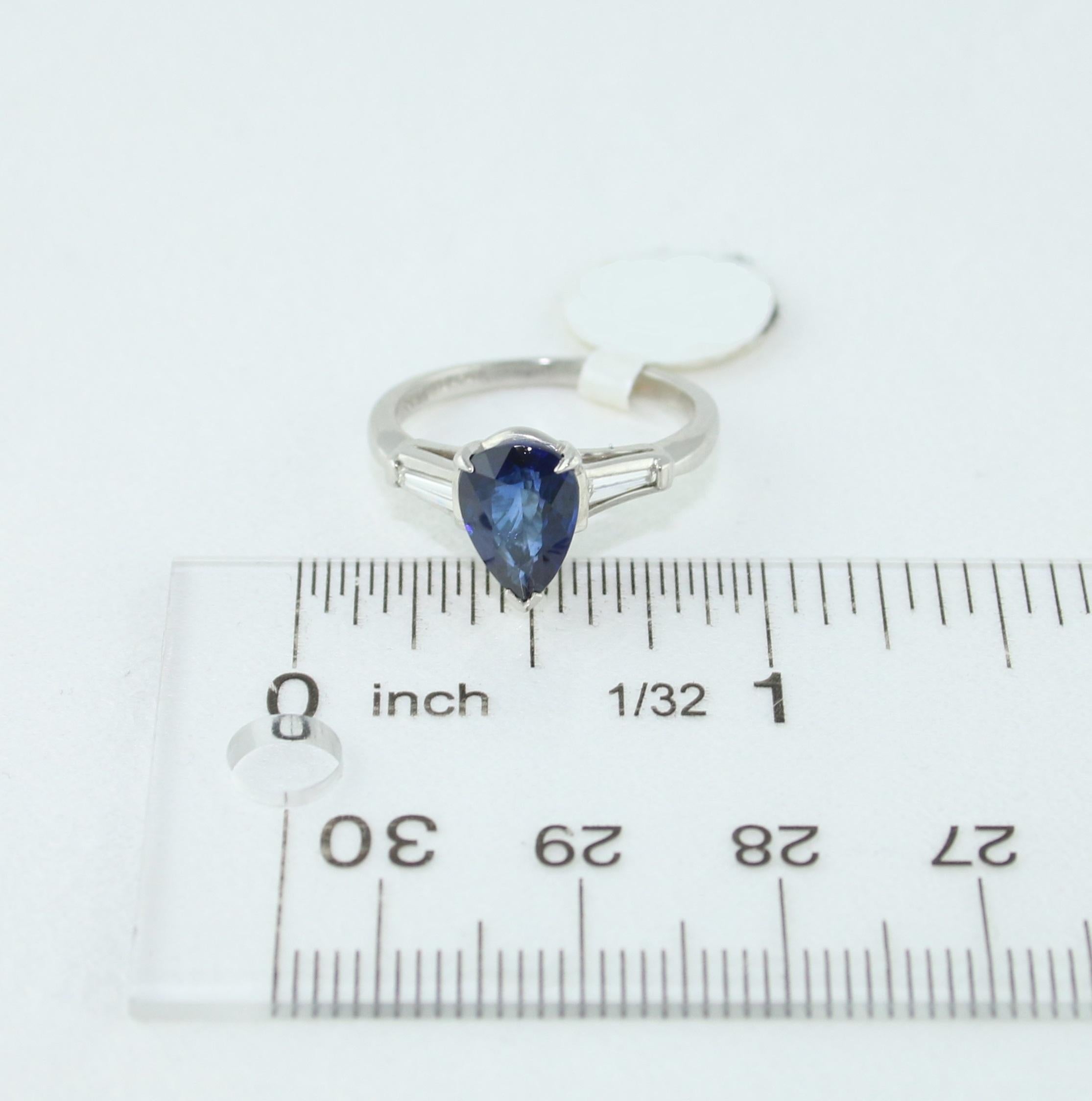 Certified 2.01 Carat Pear Blue Sapphire Diamond Platinum Ring For Sale 2