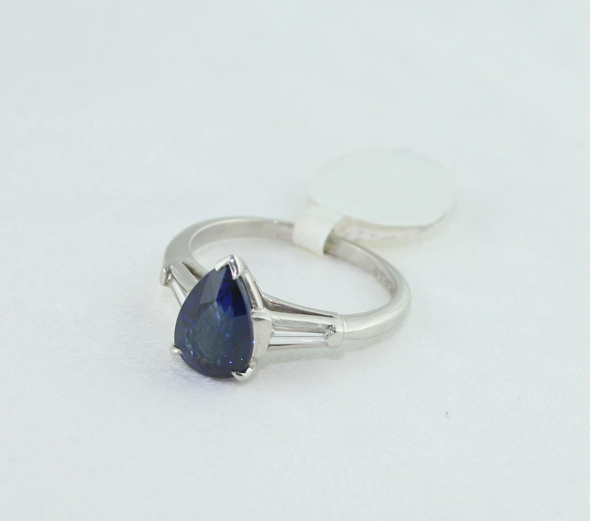 Certified 2.01 Carat Pear Blue Sapphire Diamond Platinum Ring For Sale 3