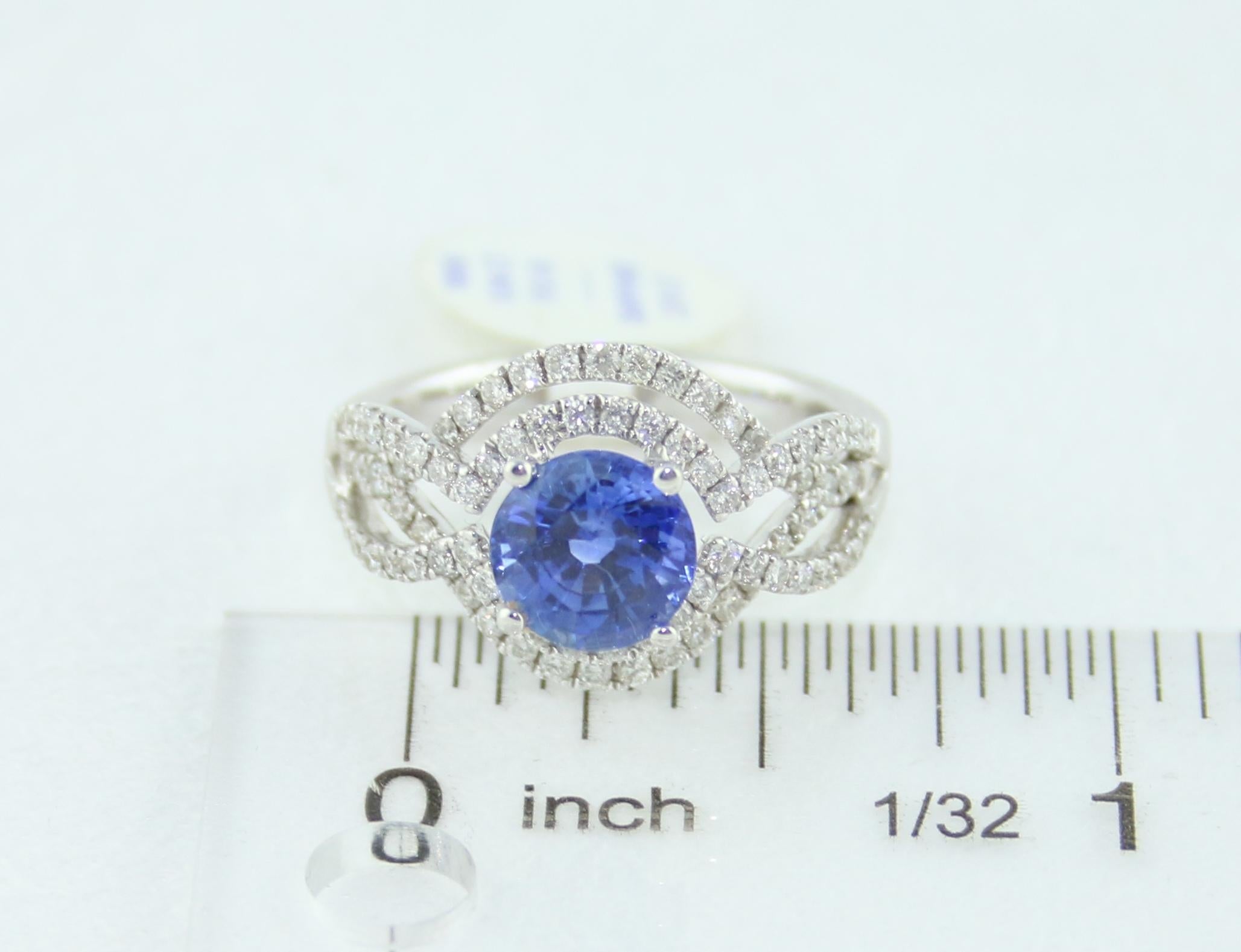 Certified 2.01 Carat Round Blue Sapphire Diamond Double Halo Gold Ring For Sale 2