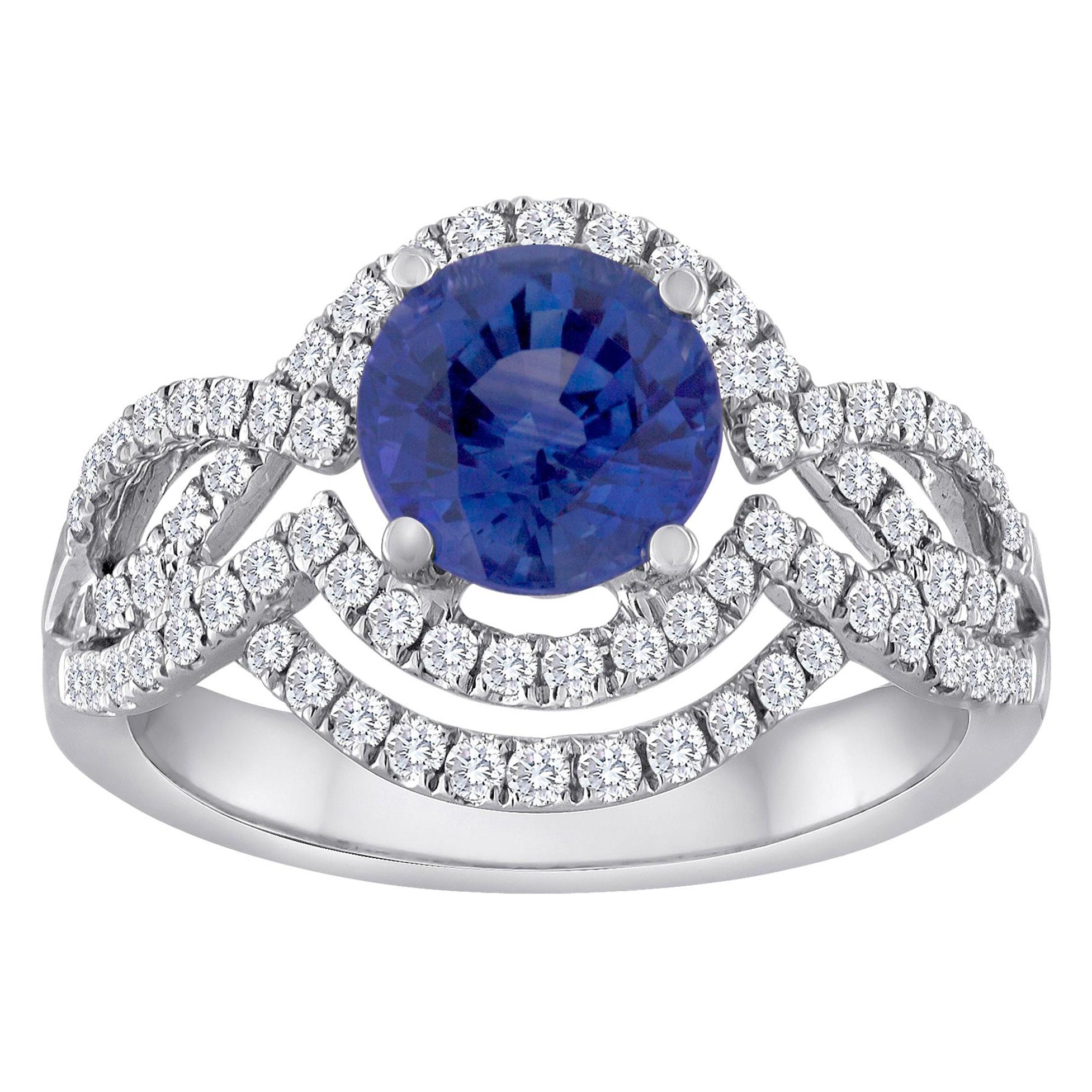 Goldring mit zertifiziertem 2,01 Karat rundem blauem Saphir und Diamant-Doppel Halo