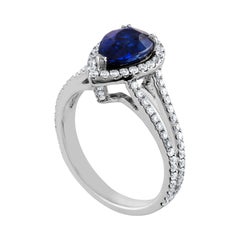 Certified 2.02 Carat Pear Blue Sapphire Diamond Halo Gold Ring