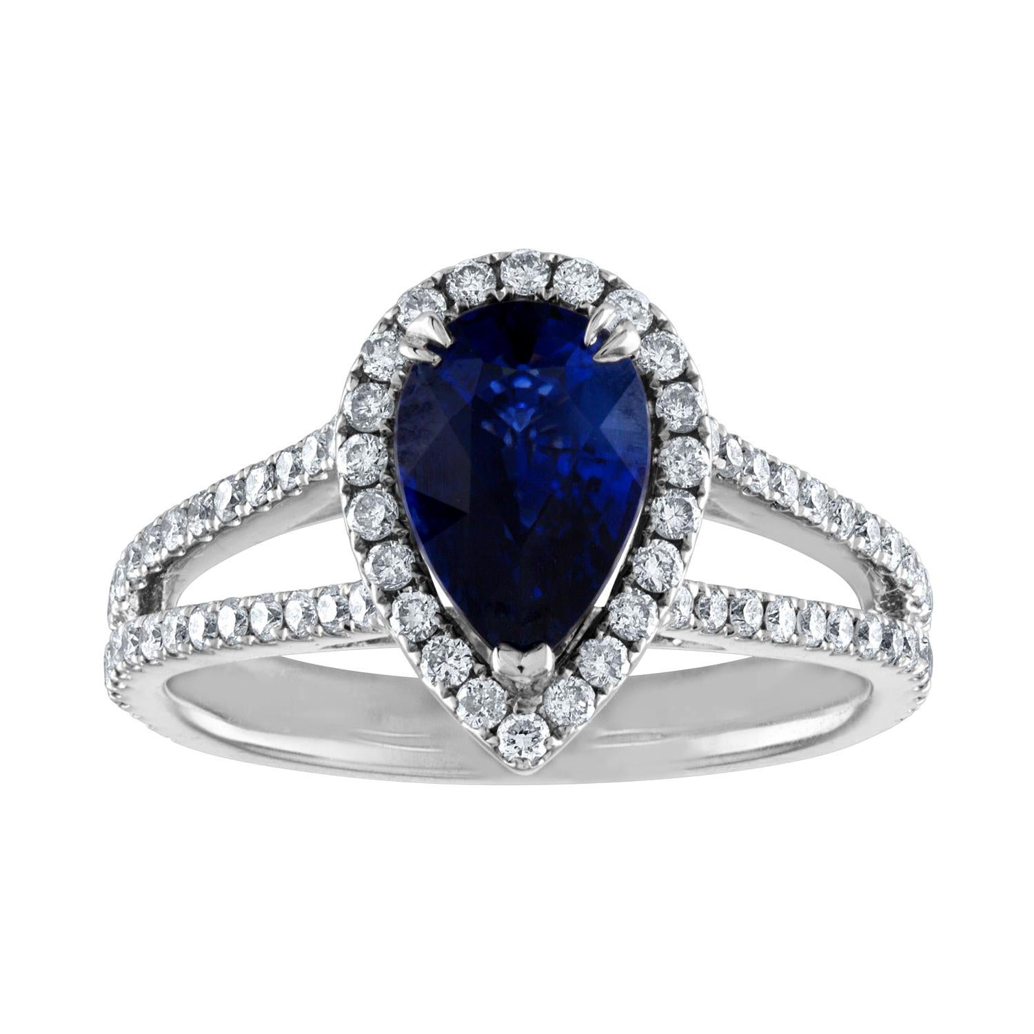 Certified 2.02 Carat Pear Blue Sapphire Diamond Halo Gold Ring For Sale