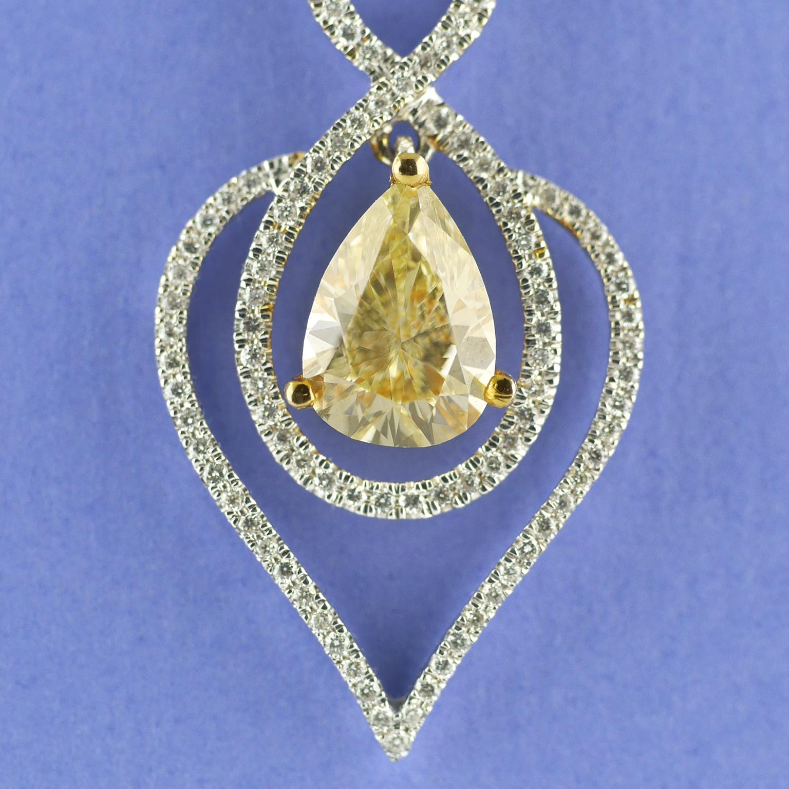 Certified 2.03 Carat Pear Shape Fancy Yellow Diamond Pendant, circa 1970 In Excellent Condition In London, GB