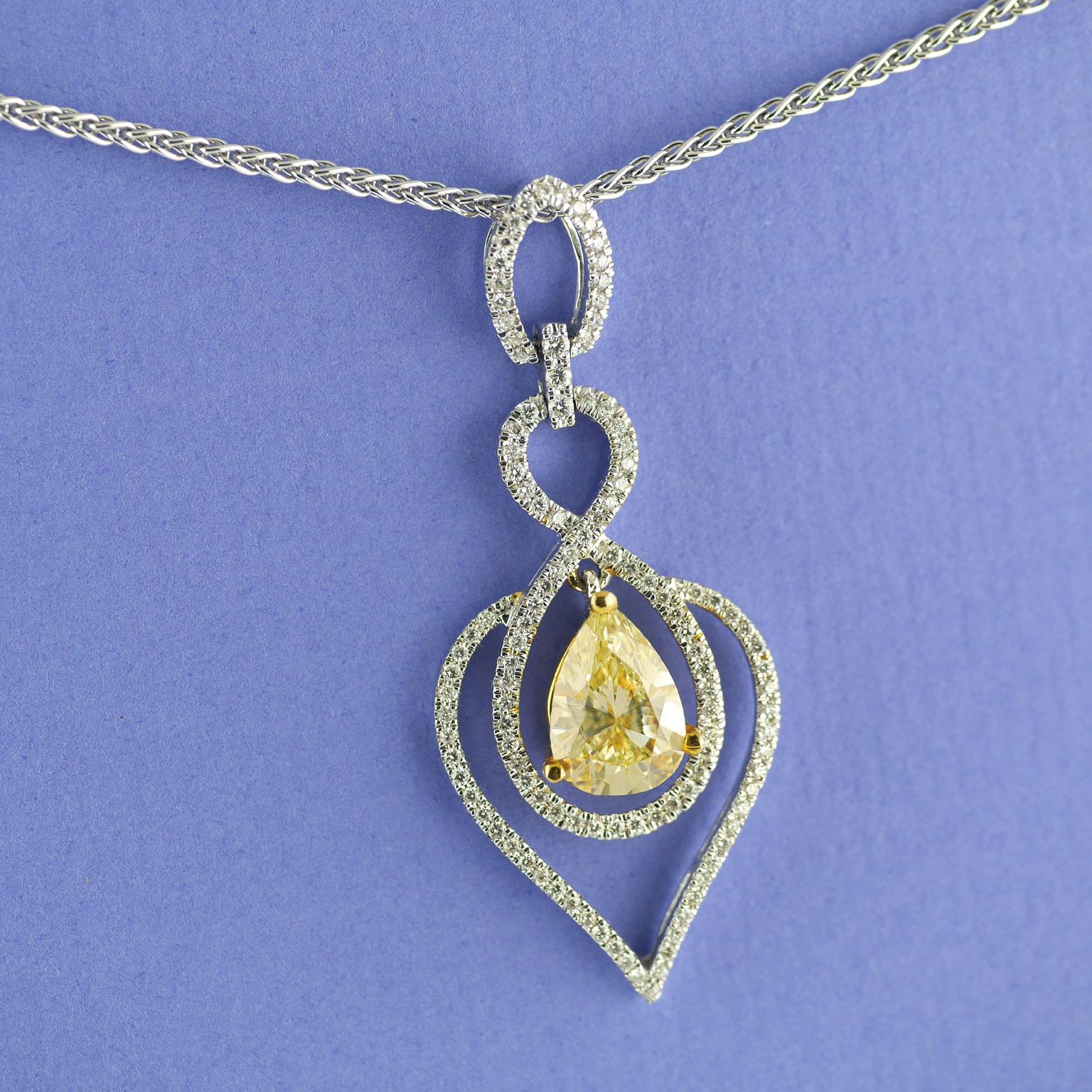 Certified 2.03 Carat Pear Shape Fancy Yellow Diamond Pendant, circa 1970 1