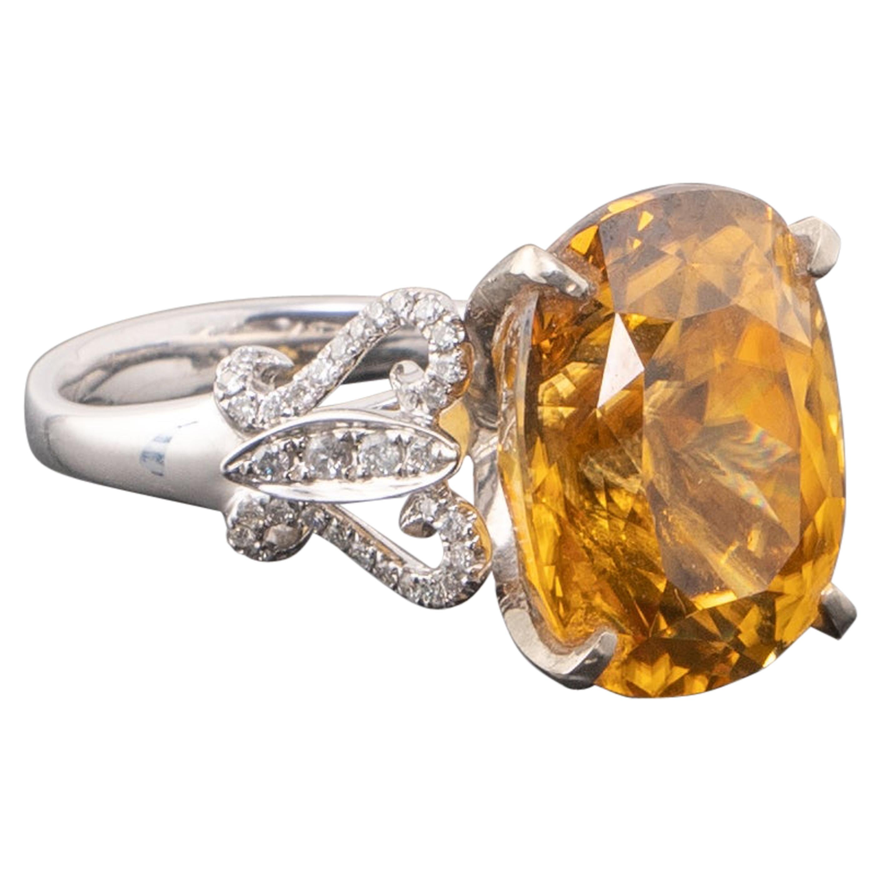 Certified 20.38 Carat Natural Yellow Zircon and Diamond Cocktail Ring For Sale