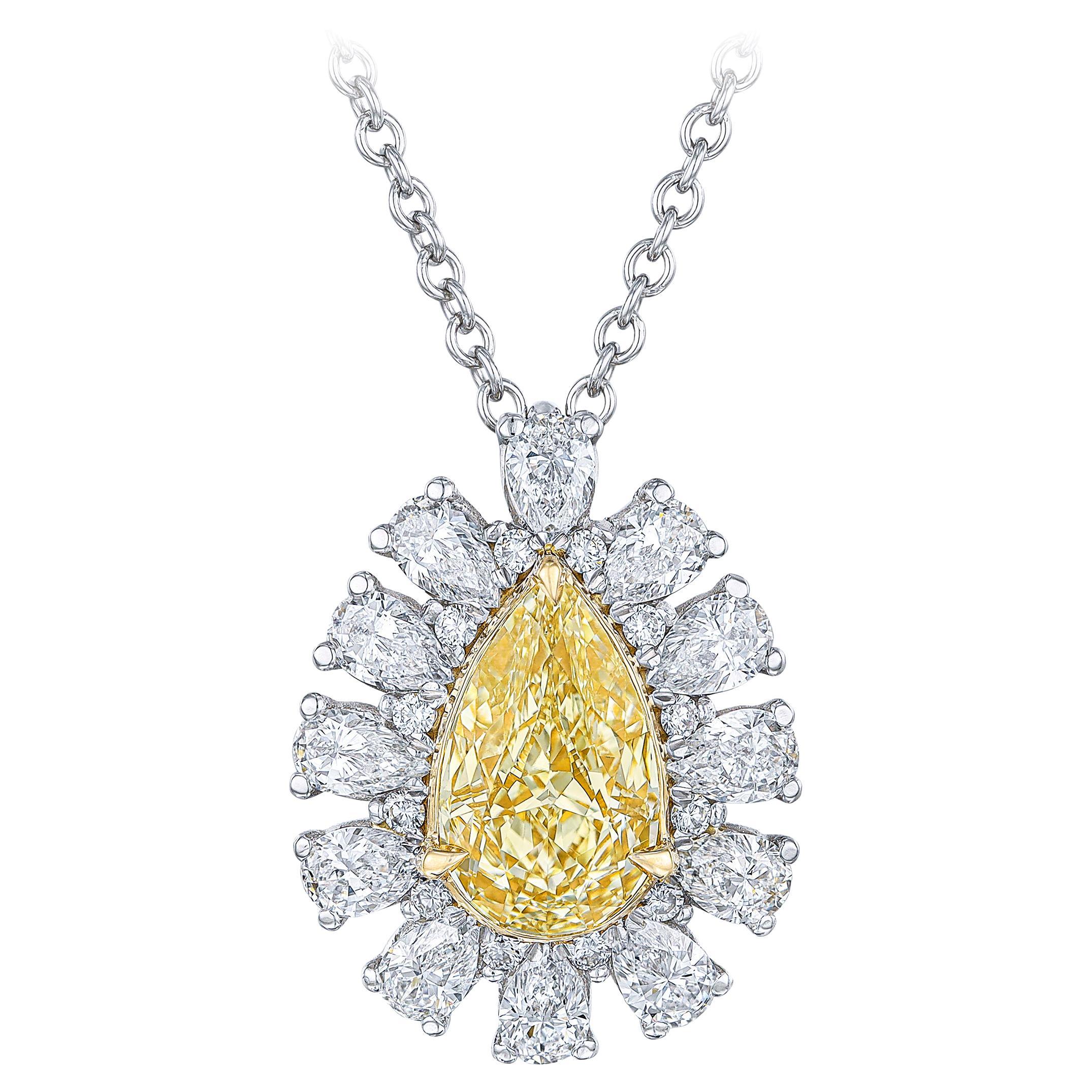 Certified 2.03ct Fancy Yellow Pear Shape Diamond Necklace