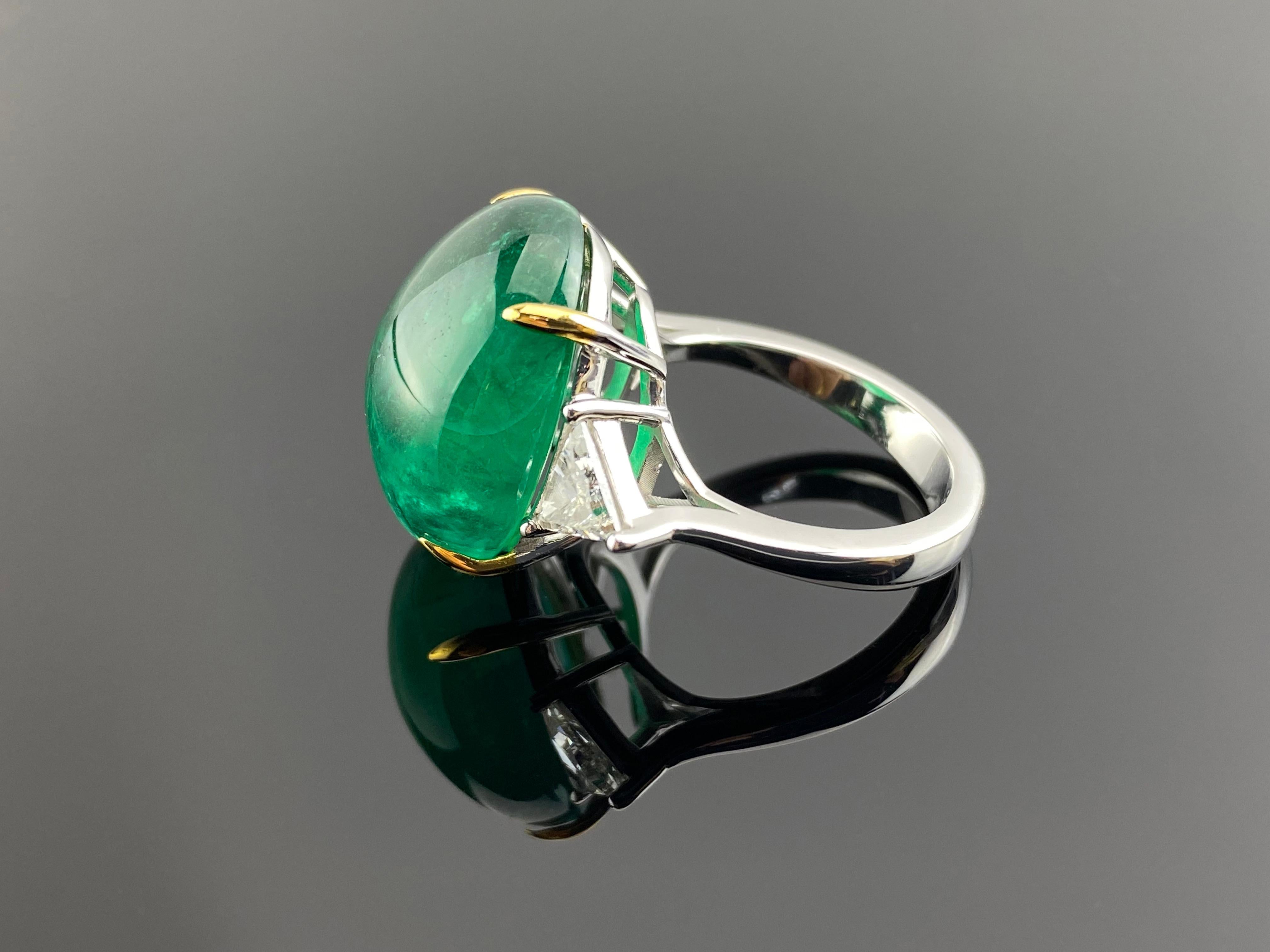 Modern Certified 20.47 Carat Emerald Cabochon and Diamond Three Stone Engagement Ring For Sale