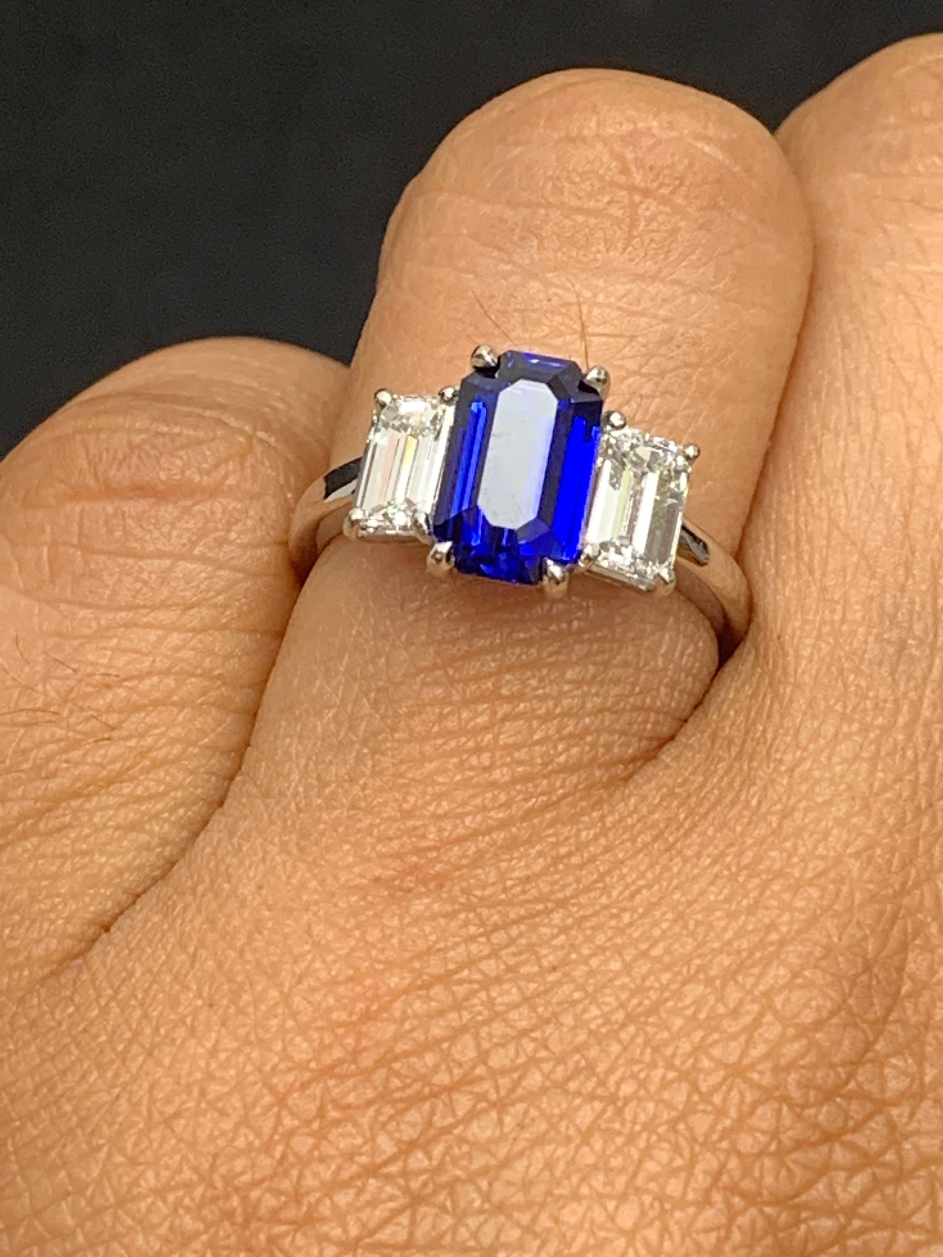 Modern Certified 2.05 Carat Emerald Cut Sapphire & Diamond Engagement Ring in Platinum For Sale