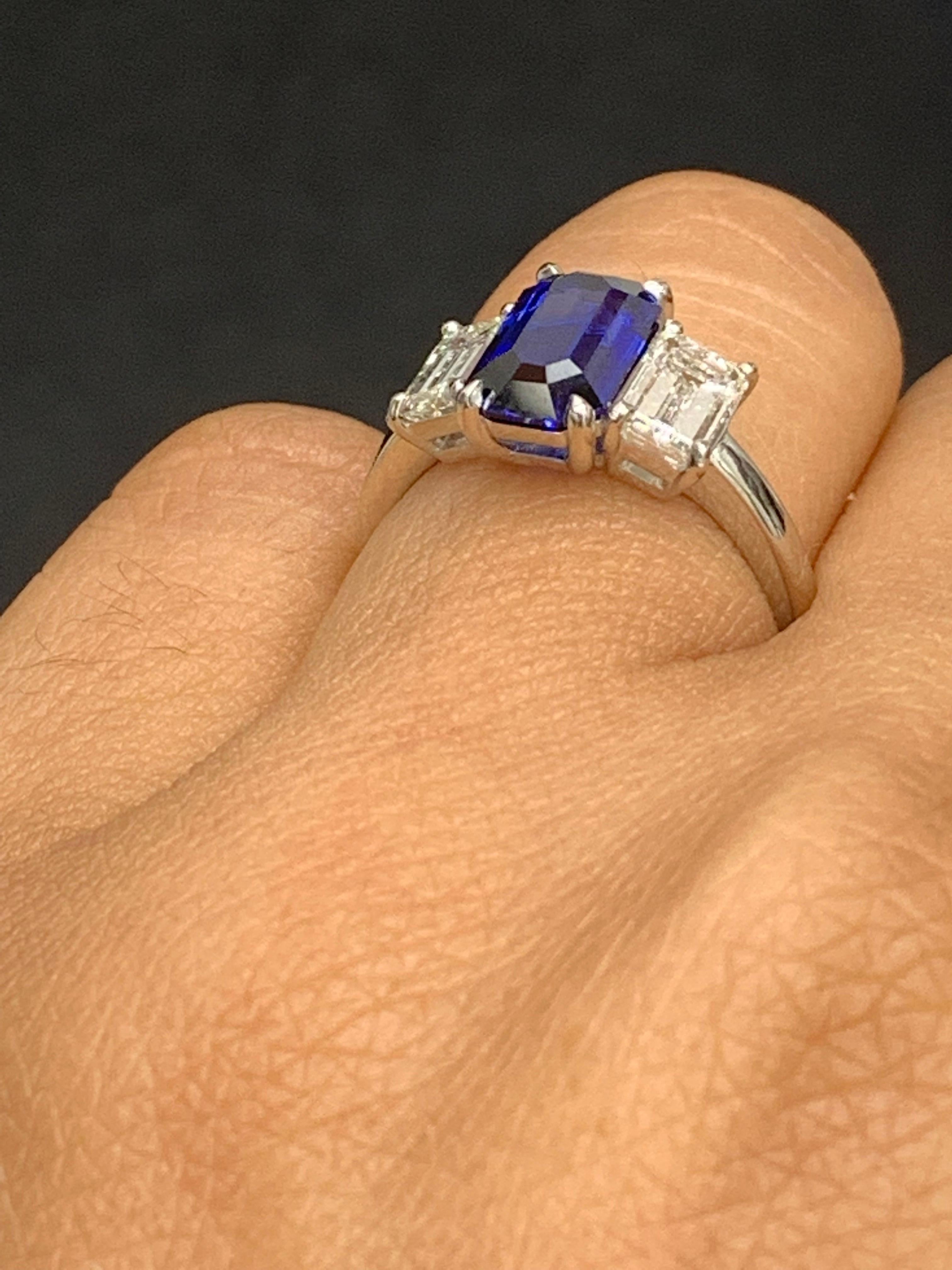 Certified 2.05 Carat Emerald Cut Sapphire & Diamond Engagement Ring in Platinum In New Condition For Sale In NEW YORK, NY