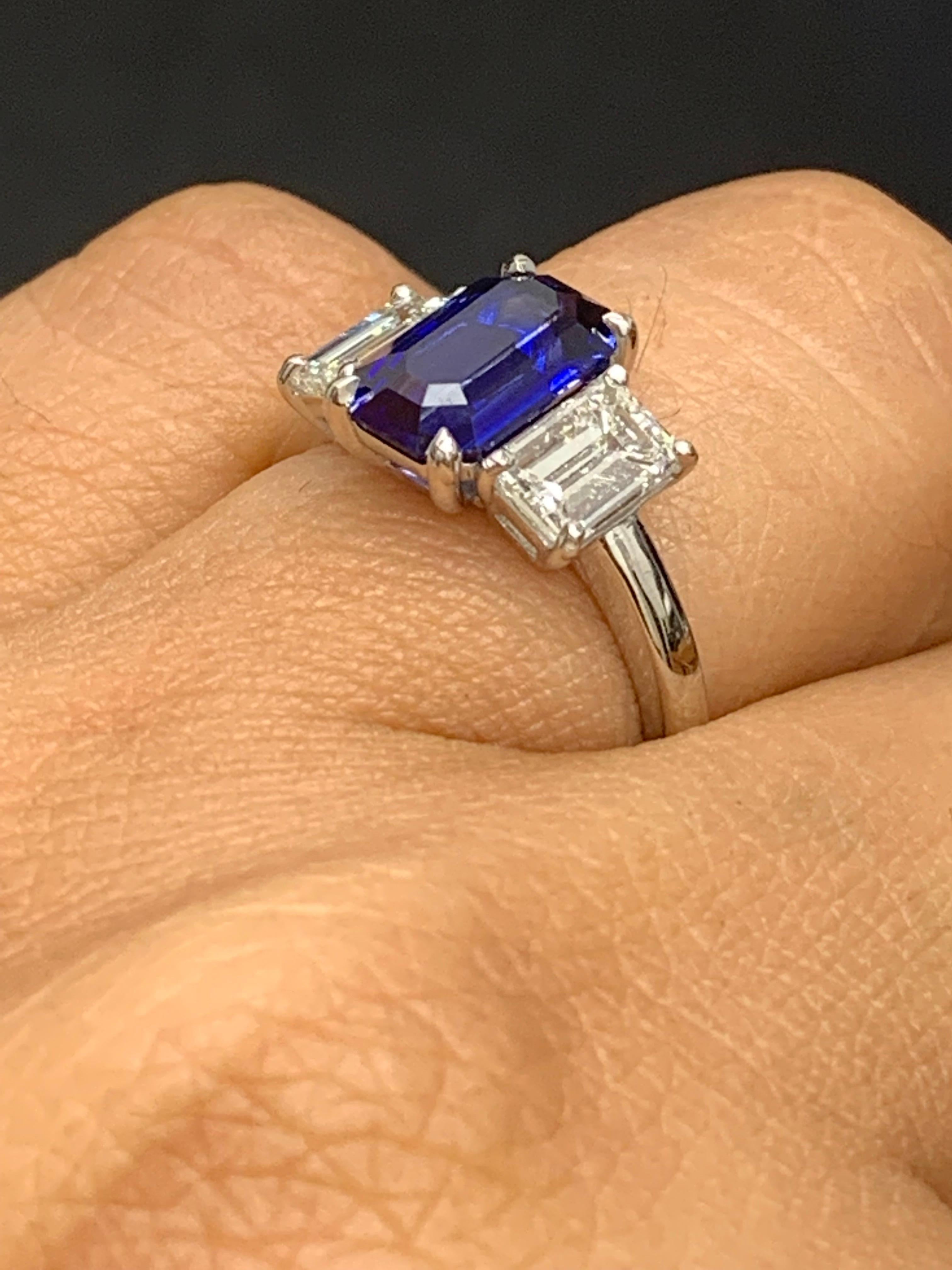 Women's Certified 2.05 Carat Emerald Cut Sapphire & Diamond Engagement Ring in Platinum For Sale