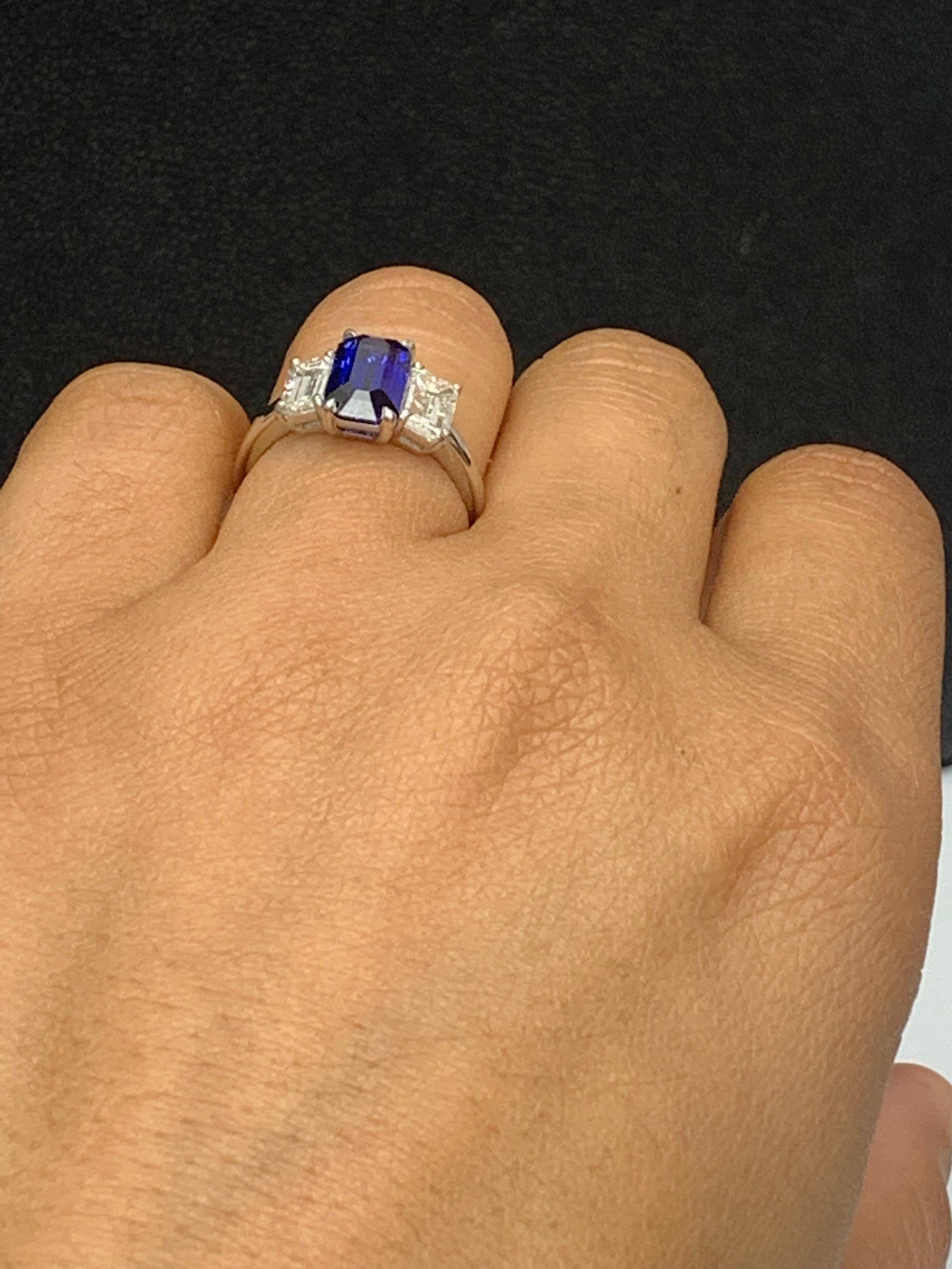 Certified 2.05 Carat Emerald Cut Sapphire & Diamond Engagement Ring in Platinum For Sale 2