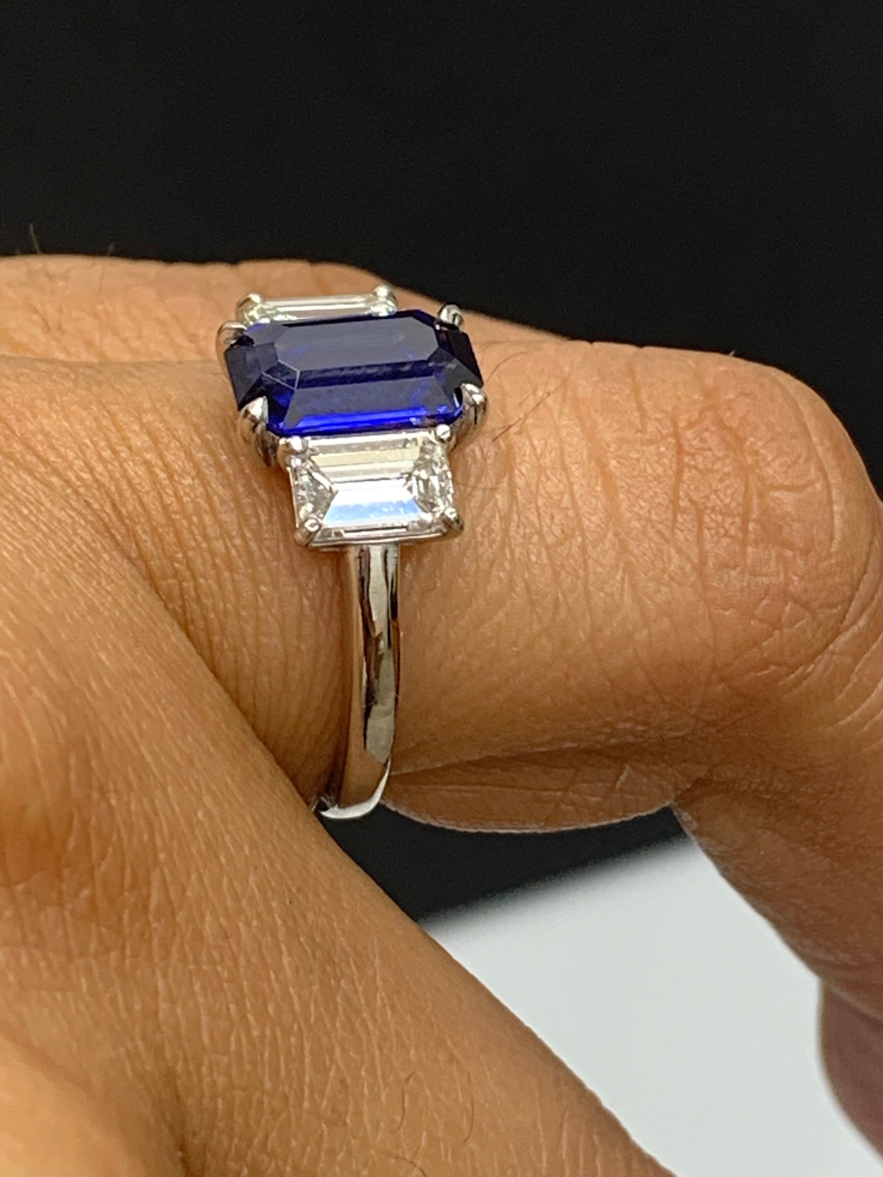 Certified 2.05 Carat Emerald Cut Sapphire & Diamond Engagement Ring in Platinum For Sale 3