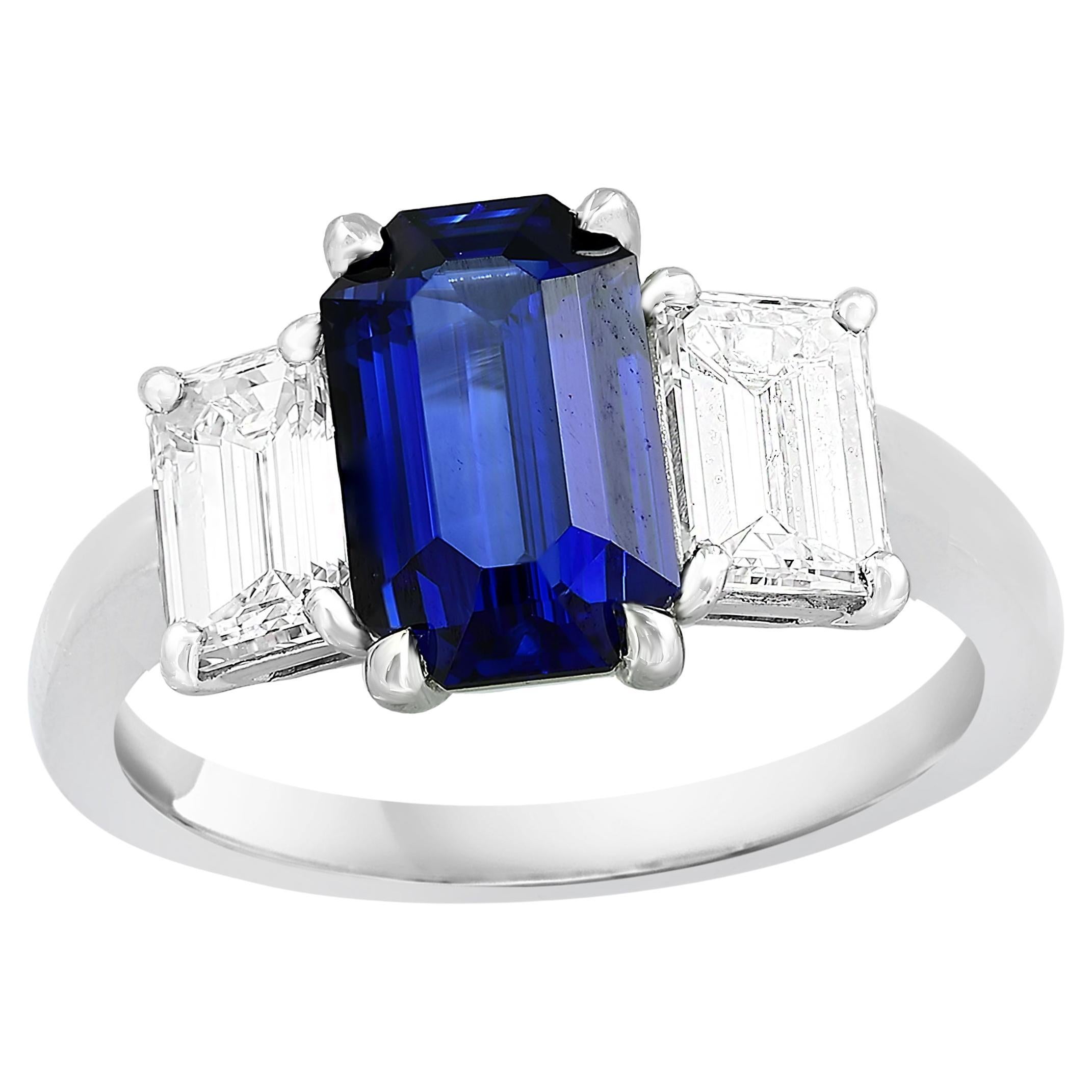 Certified 2.05 Carat Emerald Cut Sapphire & Diamond Engagement Ring in Platinum For Sale