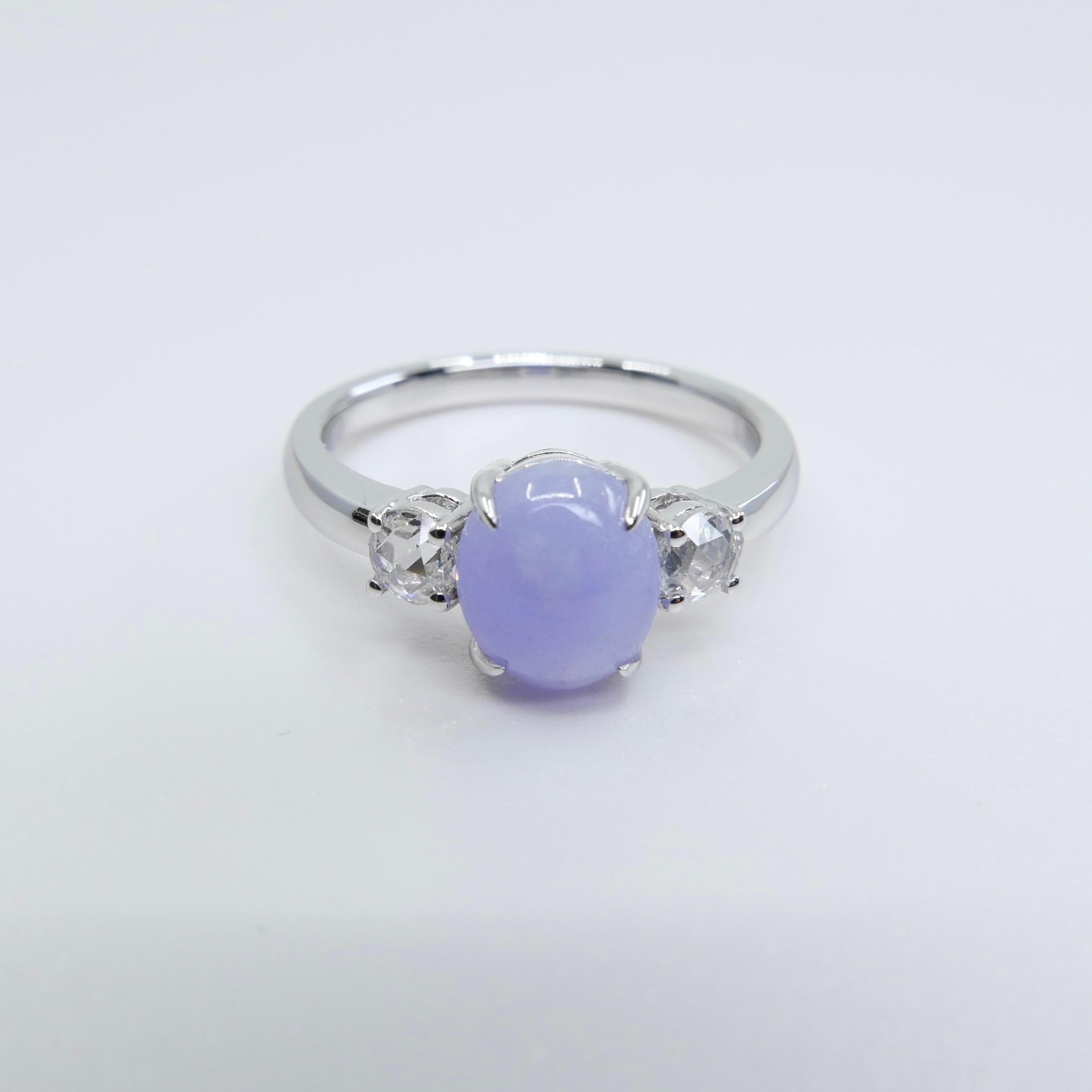 Certified 2.06 Carats Intense Lavender Jade & Rose Cut Diamond 3 Stone Ring For Sale 4