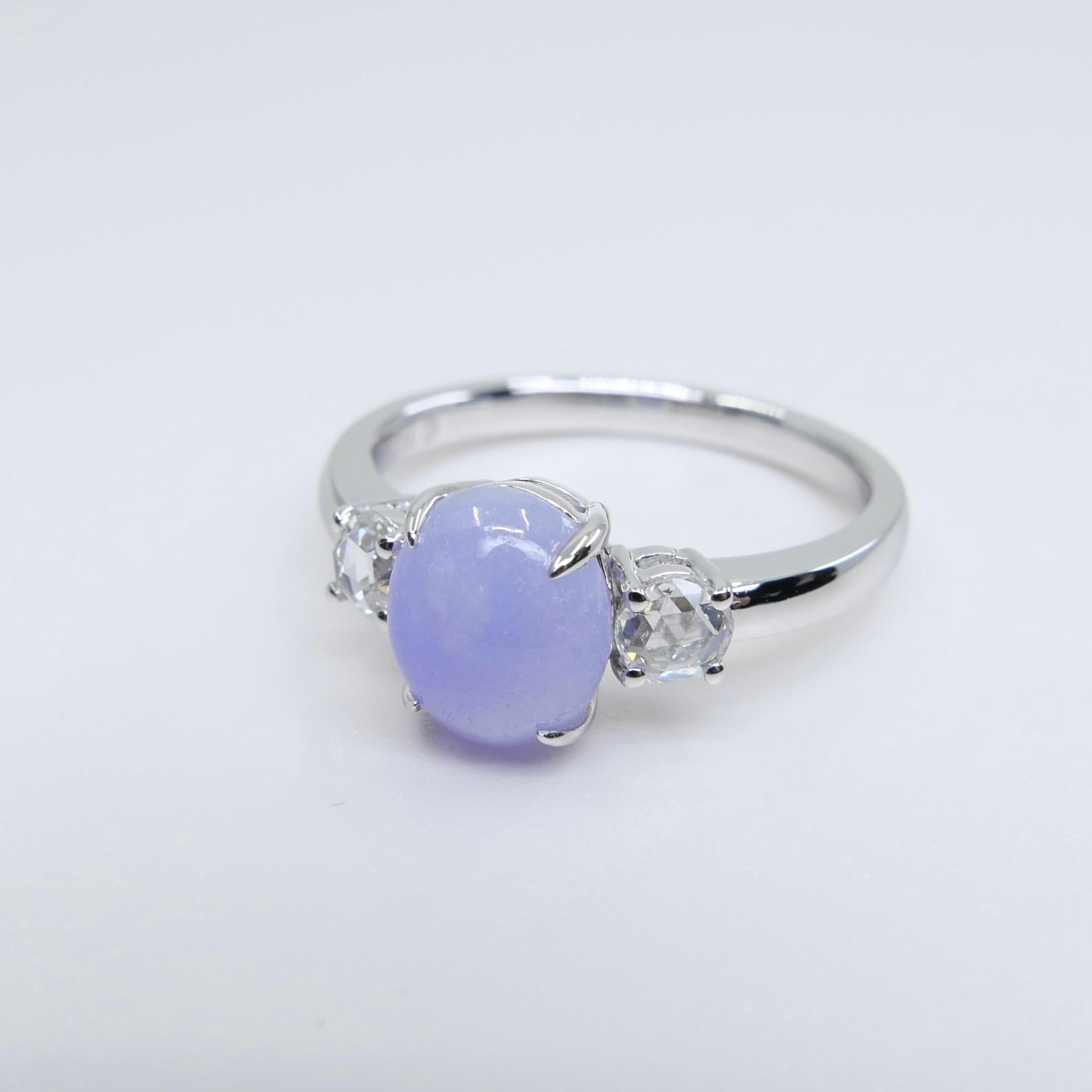 Certified 2.06 Carats Intense Lavender Jade & Rose Cut Diamond 3 Stone Ring For Sale 6