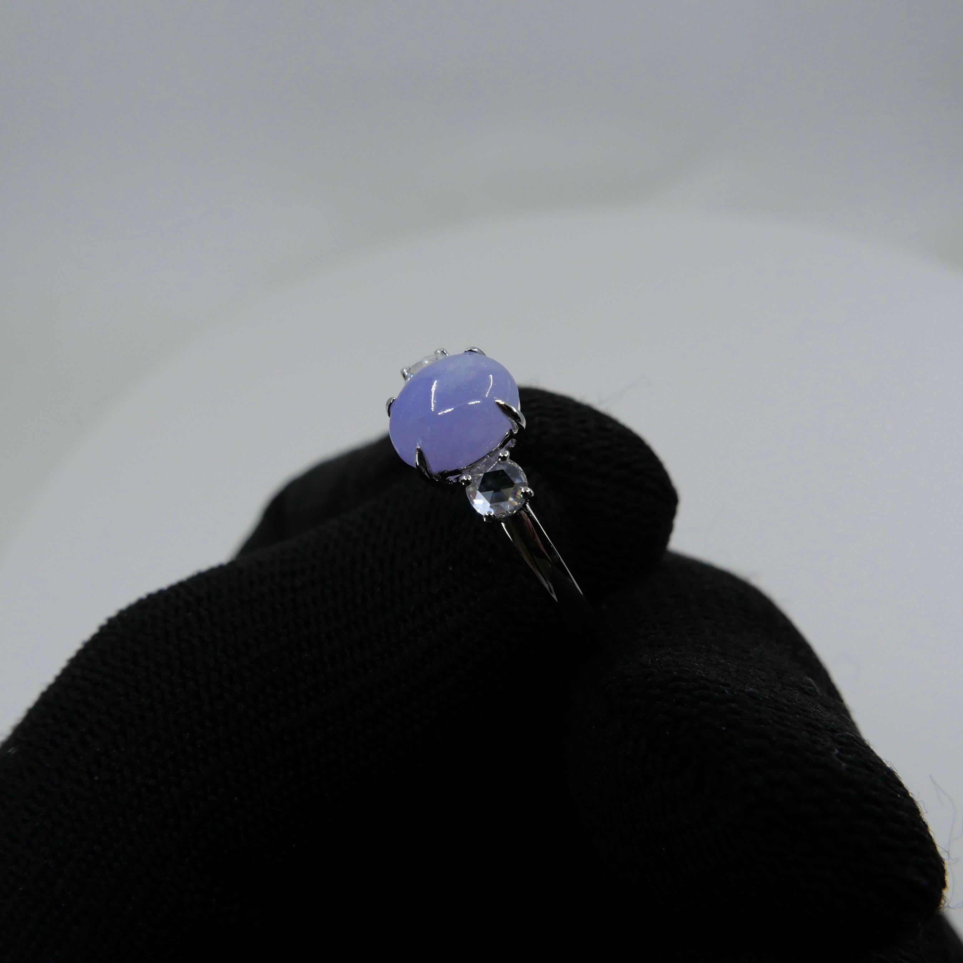 Certified 2.06 Carats Intense Lavender Jade & Rose Cut Diamond 3 Stone Ring For Sale 8