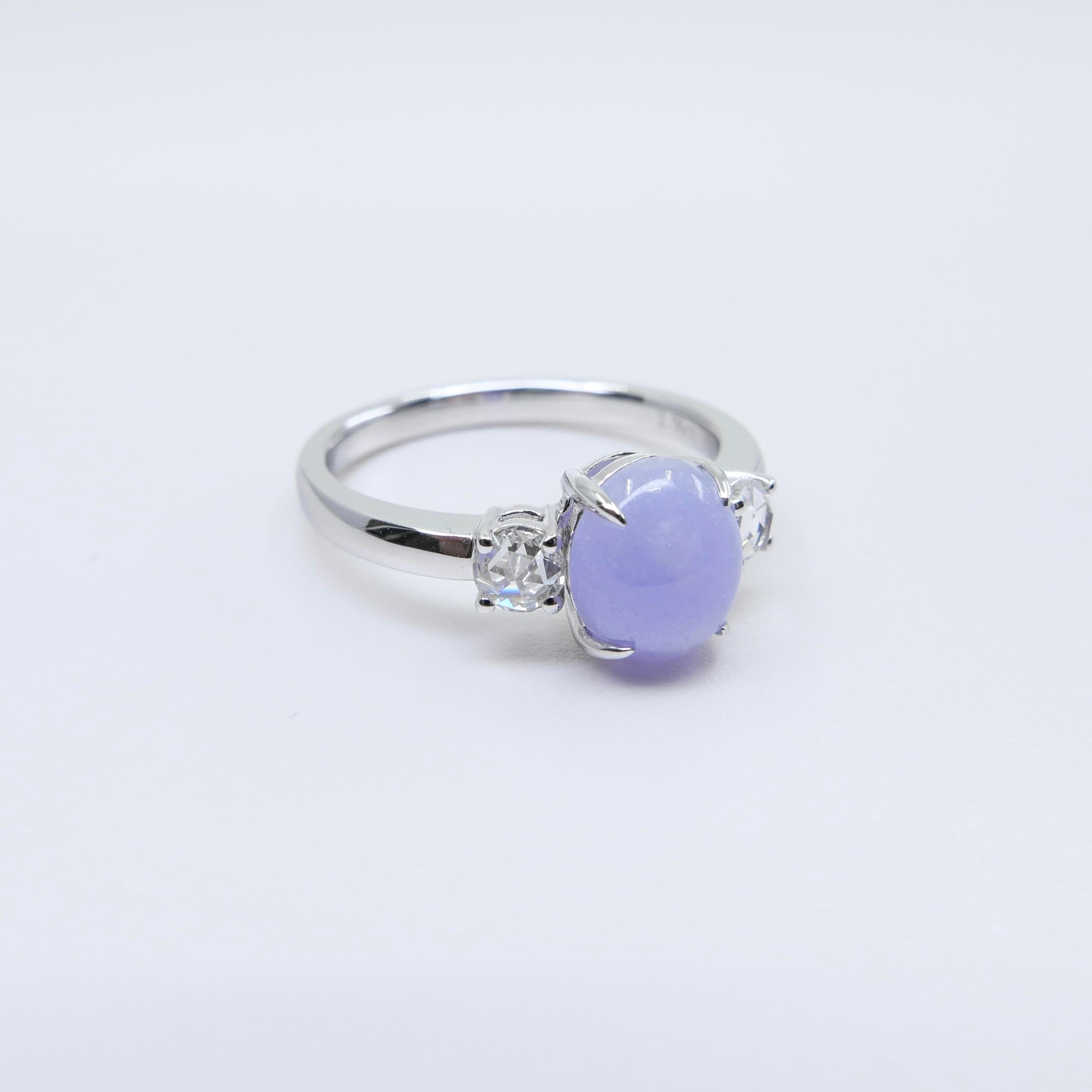 Certified 2.06 Carats Intense Lavender Jade & Rose Cut Diamond 3 Stone Ring For Sale 10