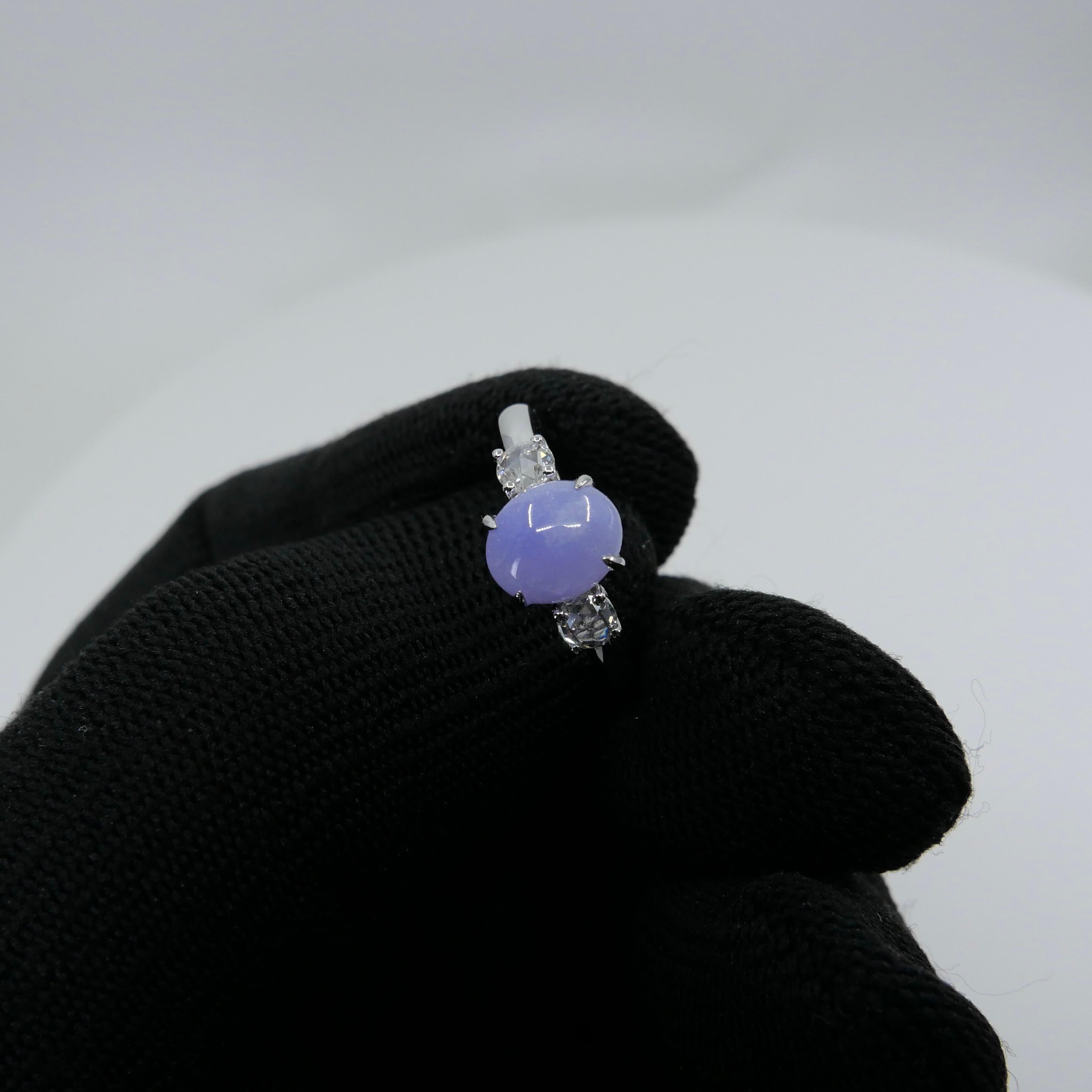 Cabochon Certified 2.06 Carats Intense Lavender Jade & Rose Cut Diamond 3 Stone Ring For Sale