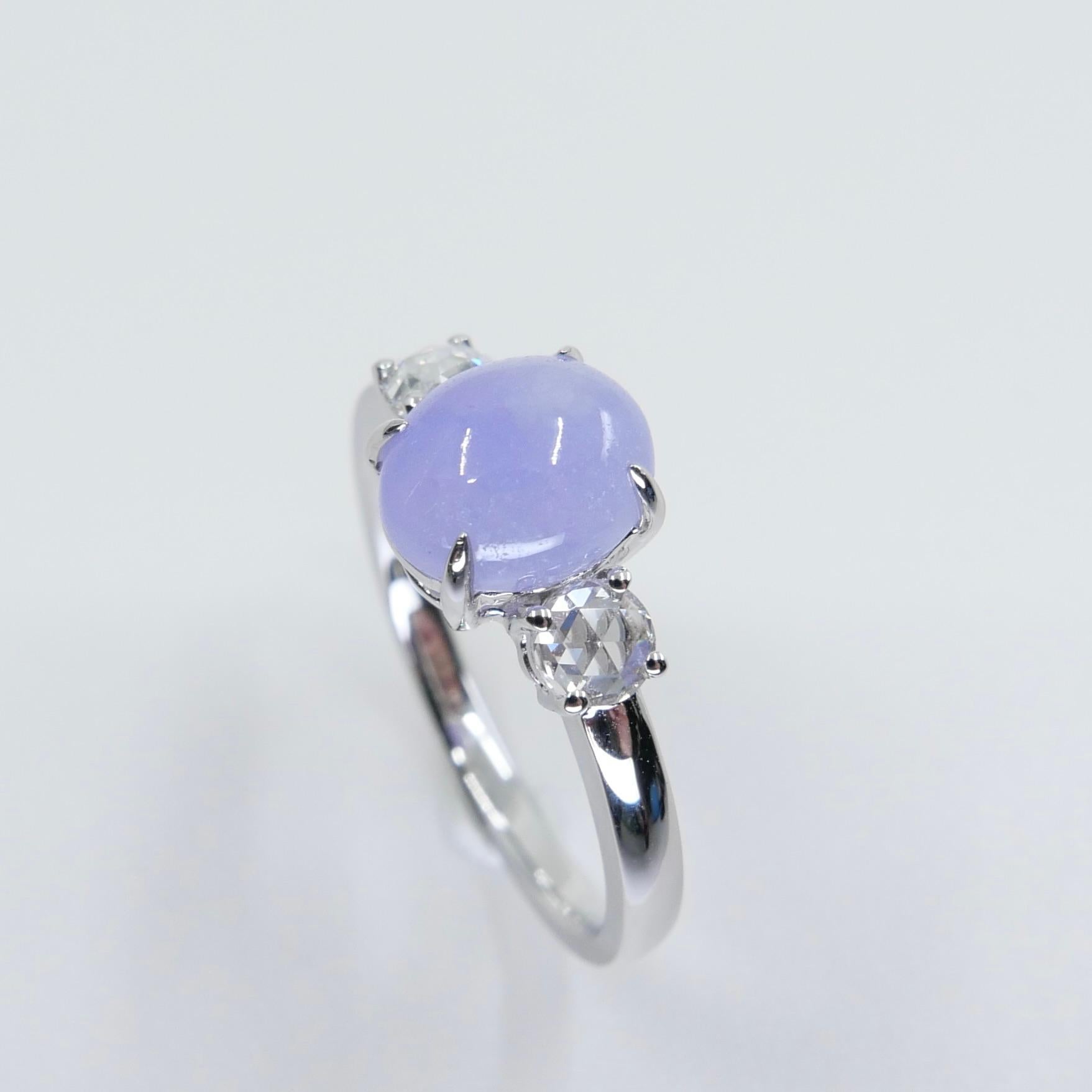 Certified 2.06 Carats Intense Lavender Jade & Rose Cut Diamond 3 Stone Ring In New Condition For Sale In Hong Kong, HK
