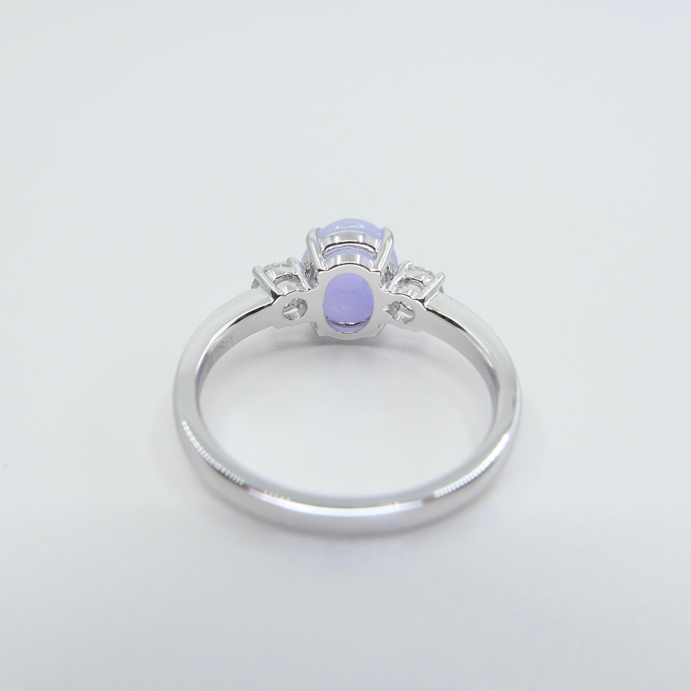 Women's Certified 2.06 Carats Intense Lavender Jade & Rose Cut Diamond 3 Stone Ring For Sale