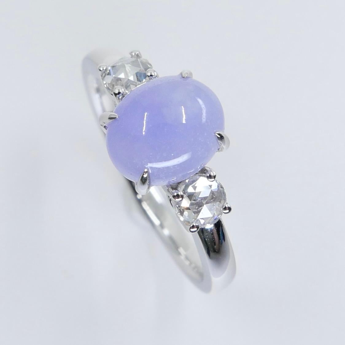 Certified 2.06 Carats Intense Lavender Jade & Rose Cut Diamond 3 Stone Ring For Sale 1