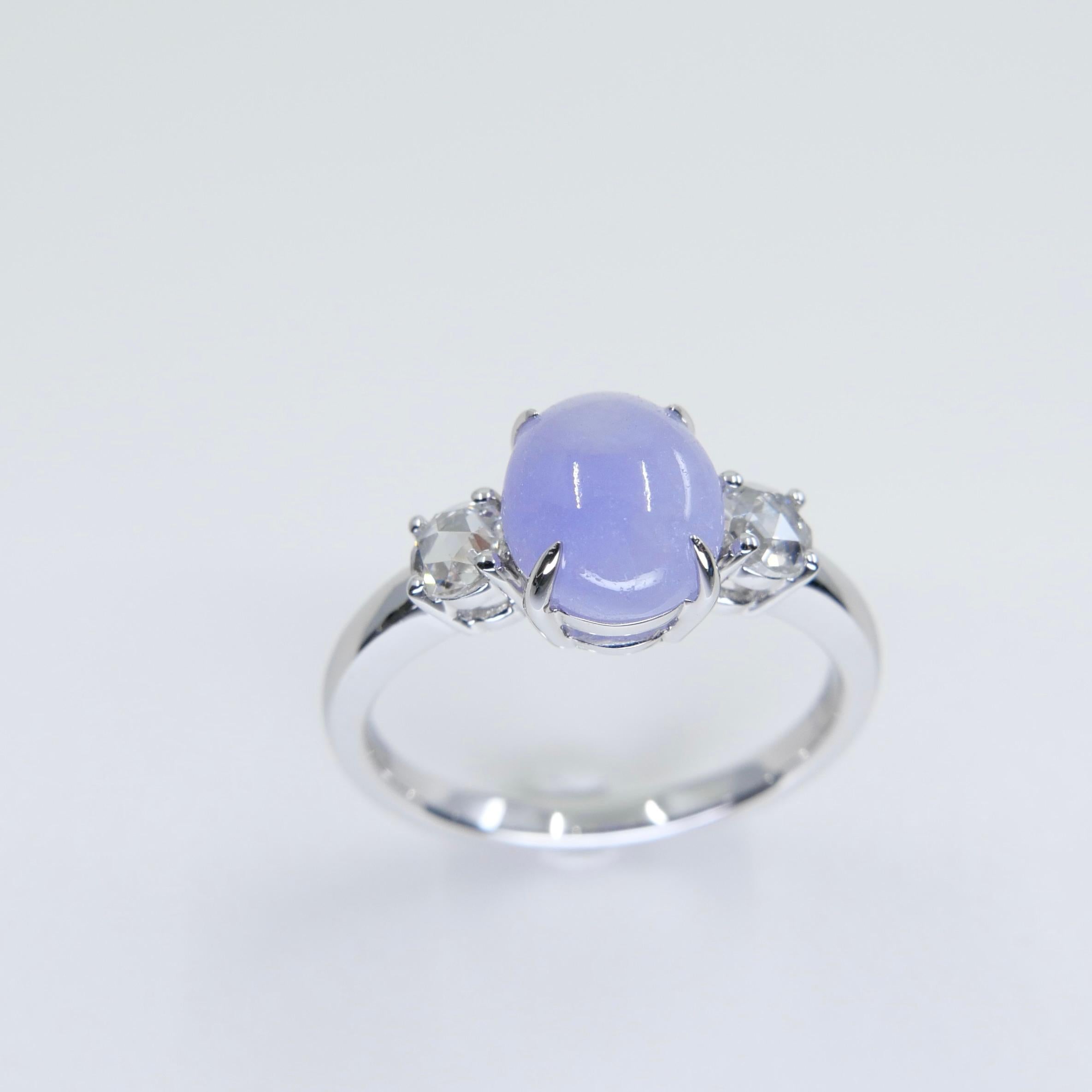 Certified 2.06 Carats Intense Lavender Jade & Rose Cut Diamond 3 Stone Ring For Sale 2