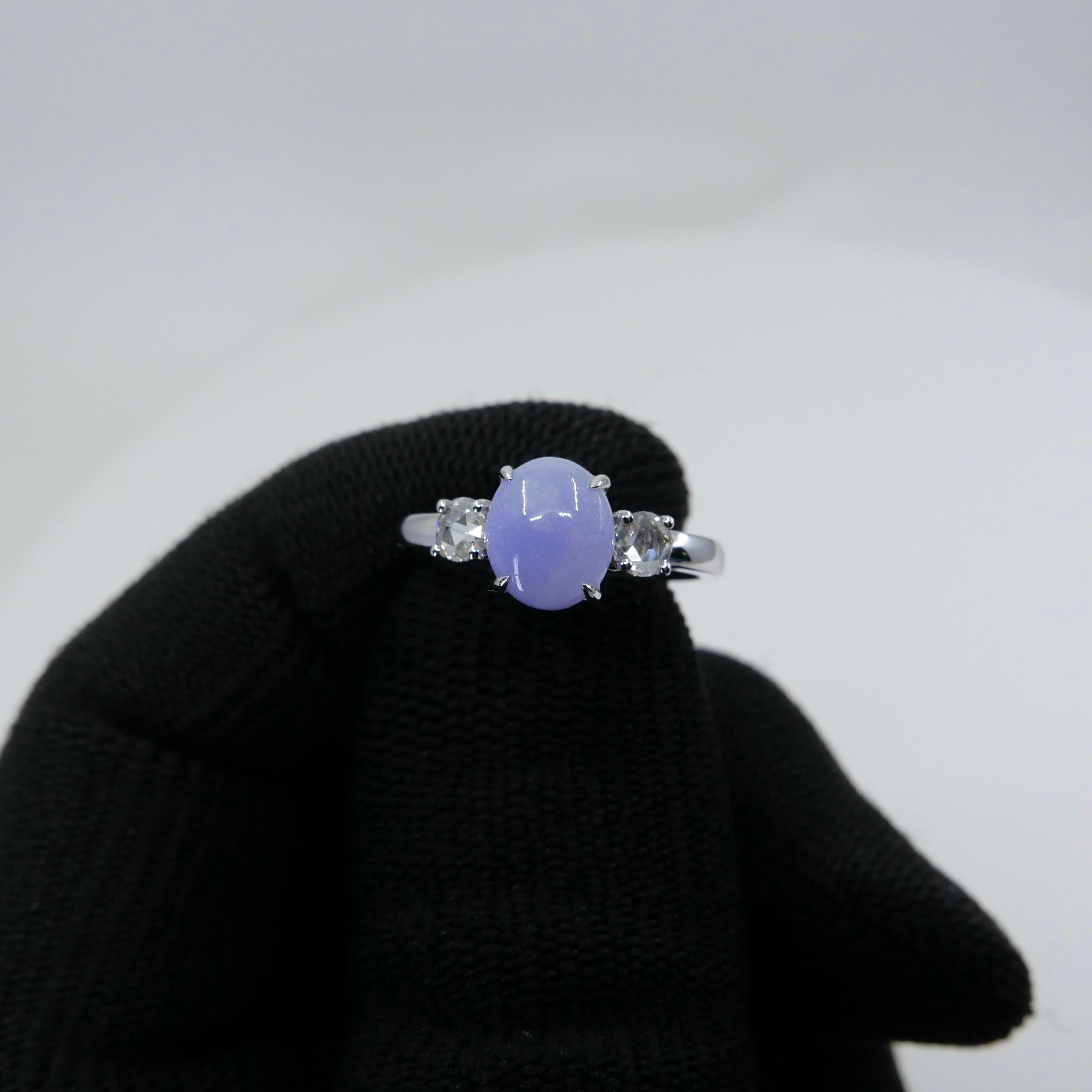Certified 2.06 Carats Intense Lavender Jade & Rose Cut Diamond 3 Stone Ring For Sale 3