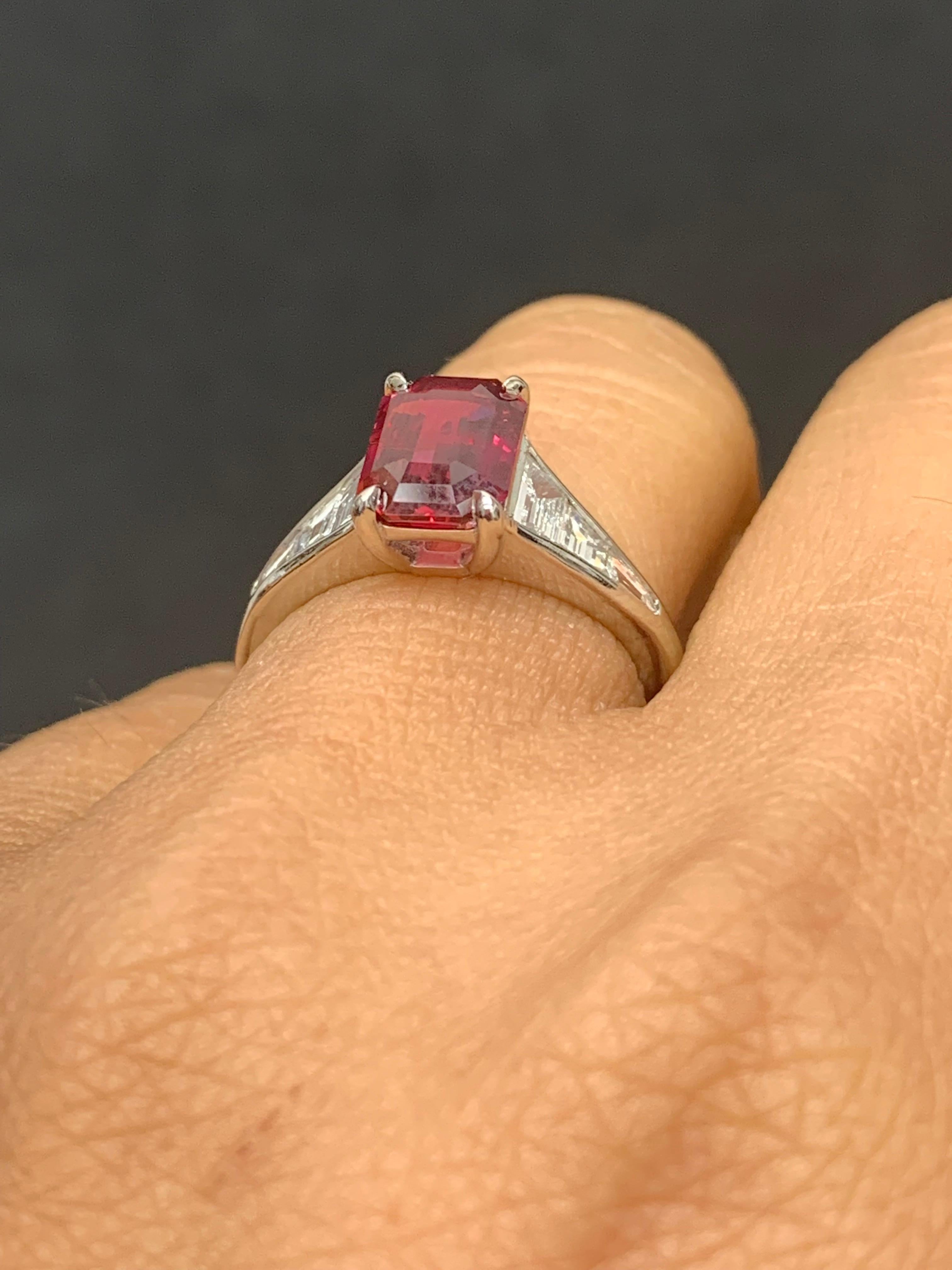Modern Certified 2.08 Carat Emerald Cut Natural Ruby and Diamond Ring in Platinum For Sale
