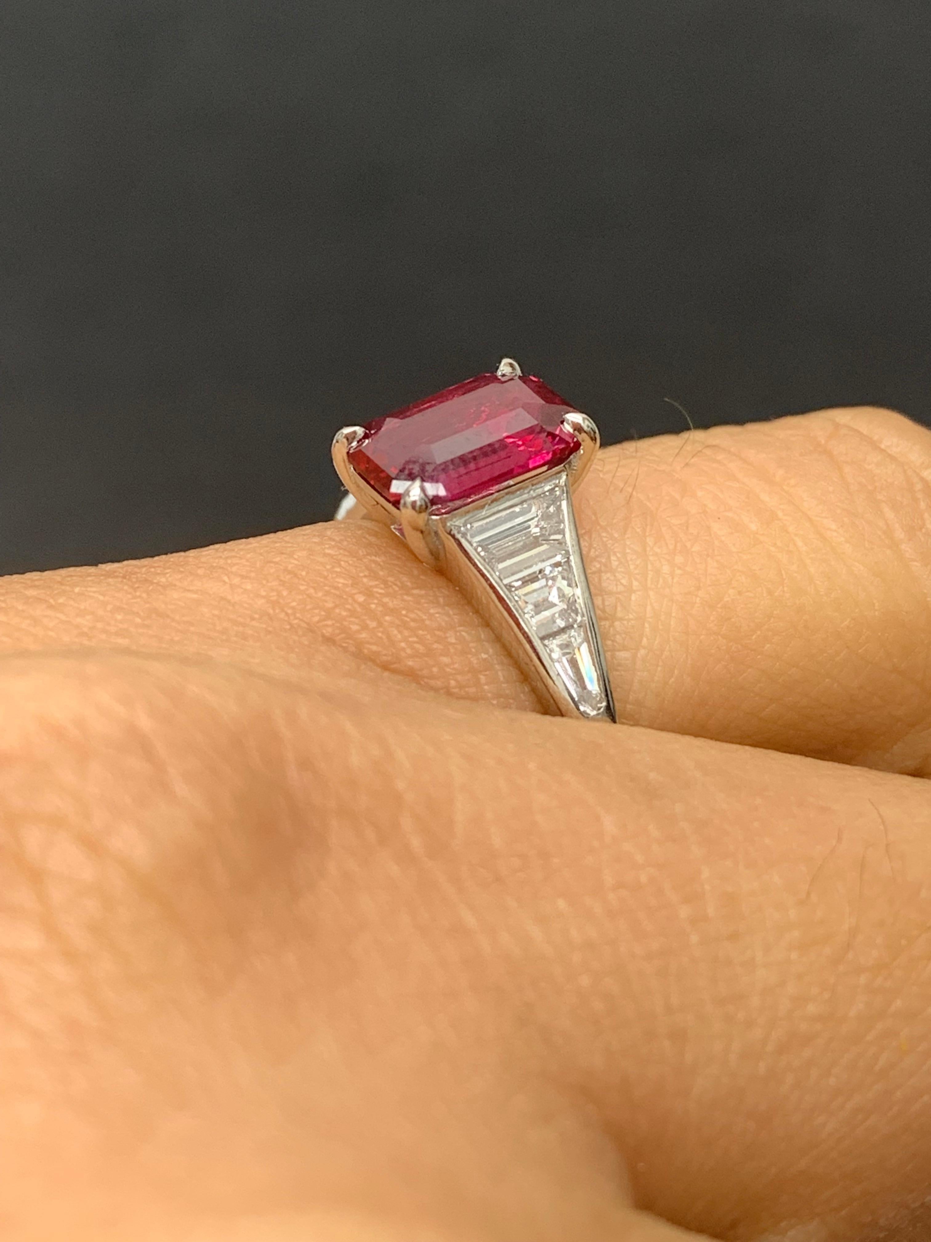 Certified 2.08 Carat Emerald Cut Natural Ruby and Diamond Ring in Platinum In New Condition For Sale In NEW YORK, NY