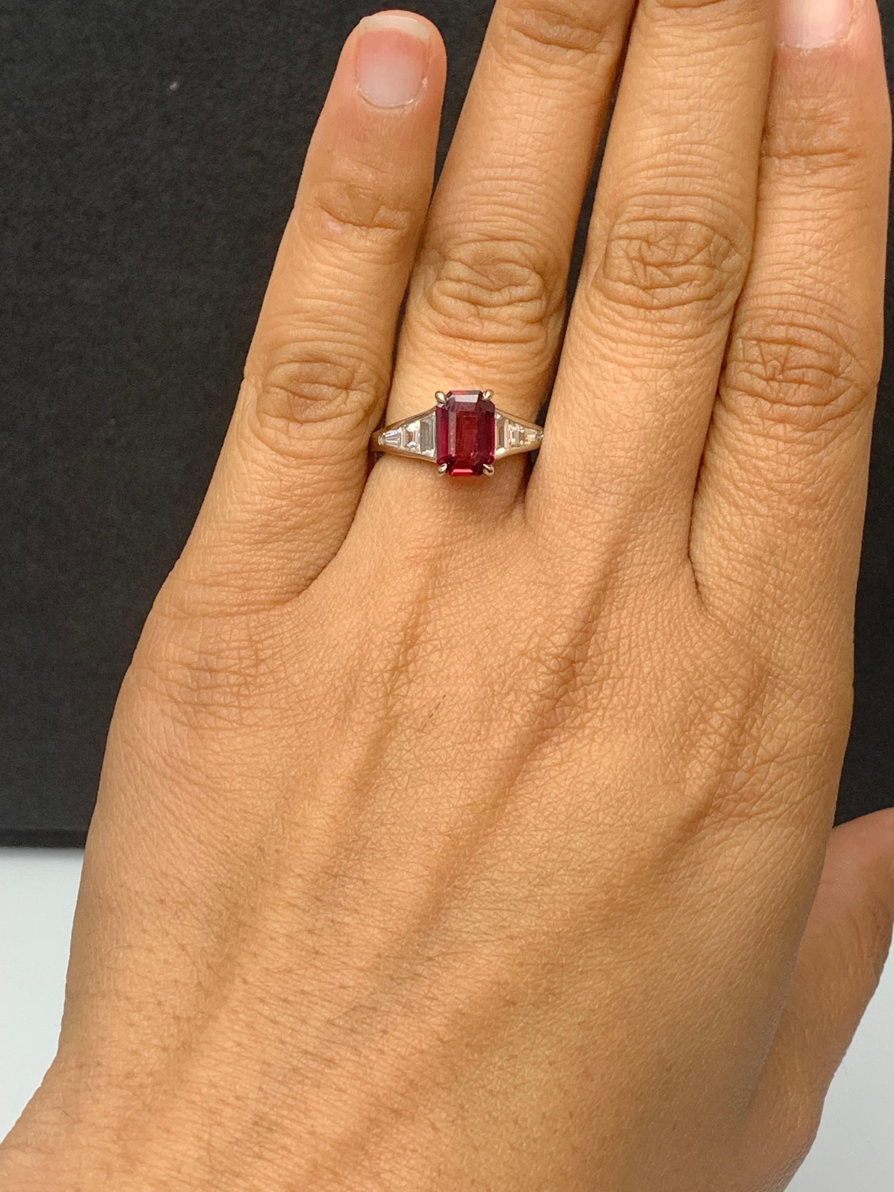 Certified 2.08 Carat Emerald Cut Natural Ruby and Diamond Ring in Platinum For Sale 2