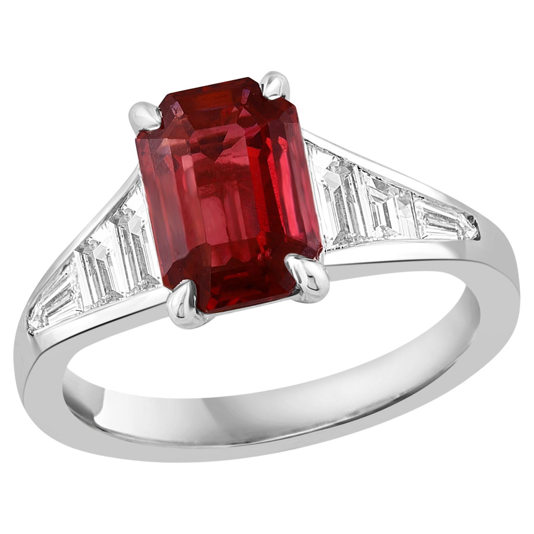 Certified 2.08 Carat Emerald Cut Natural Ruby and Diamond Ring in Platinum For Sale
