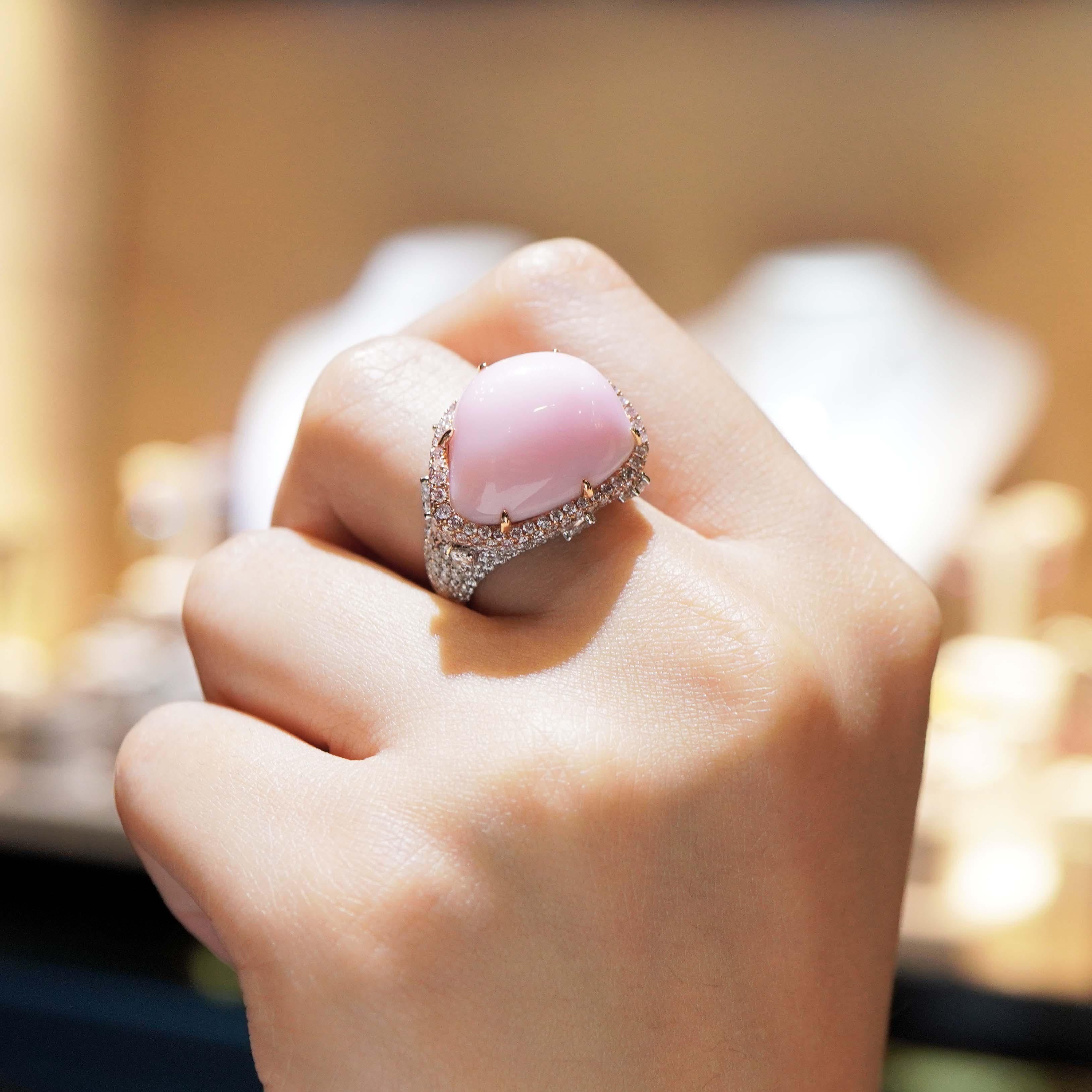 Art Nouveau Certified 20.82 Carat Caribbean Sweet Pink Conch Pearl & Pink Diamond Ring