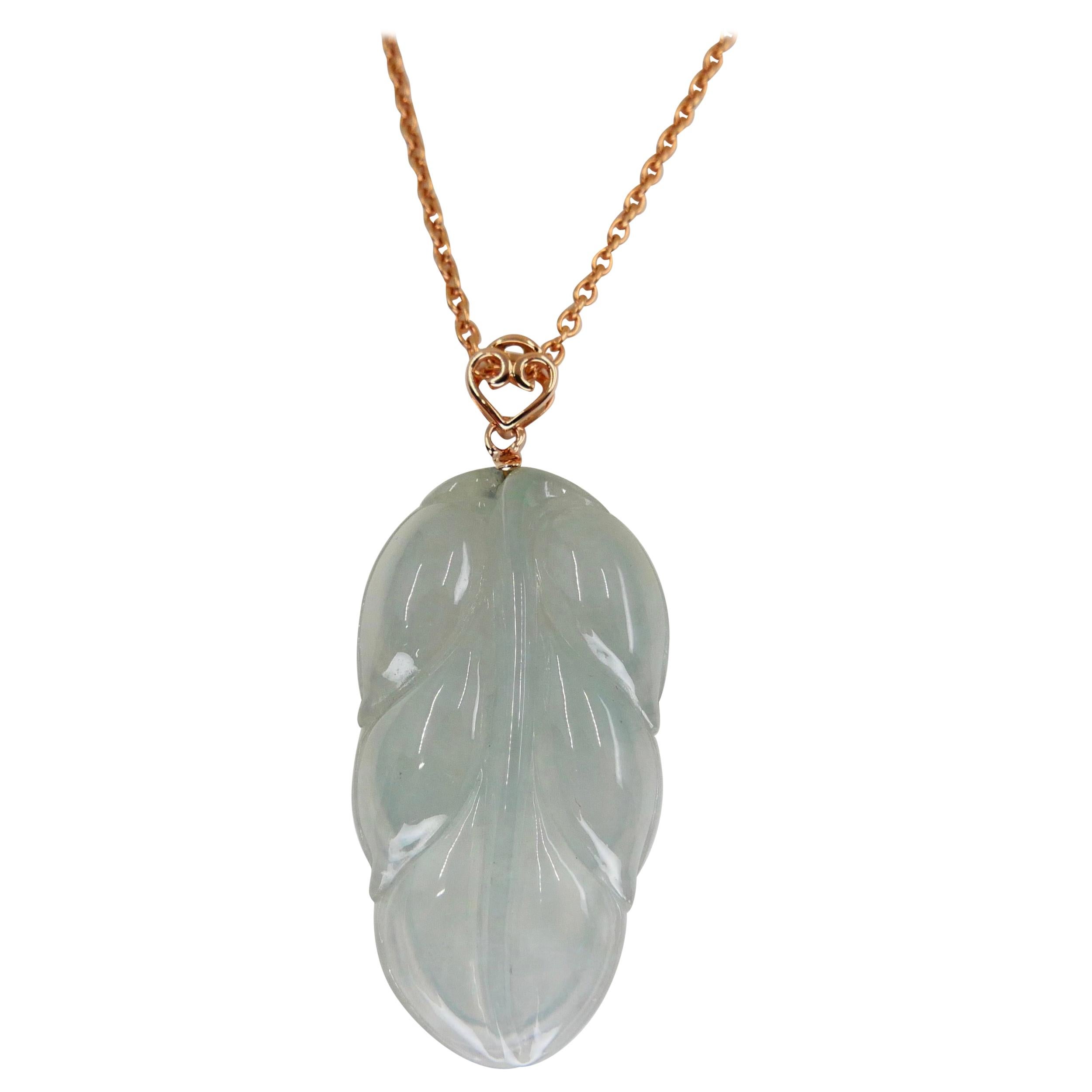 Certified 20.84 Carat Icy Jadeite Jade Leaf Pendant Necklace, Good Fortune For Sale