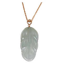Certified 20.84 Carat Icy Jadeite Jade Leaf Pendant Necklace, Good Fortune