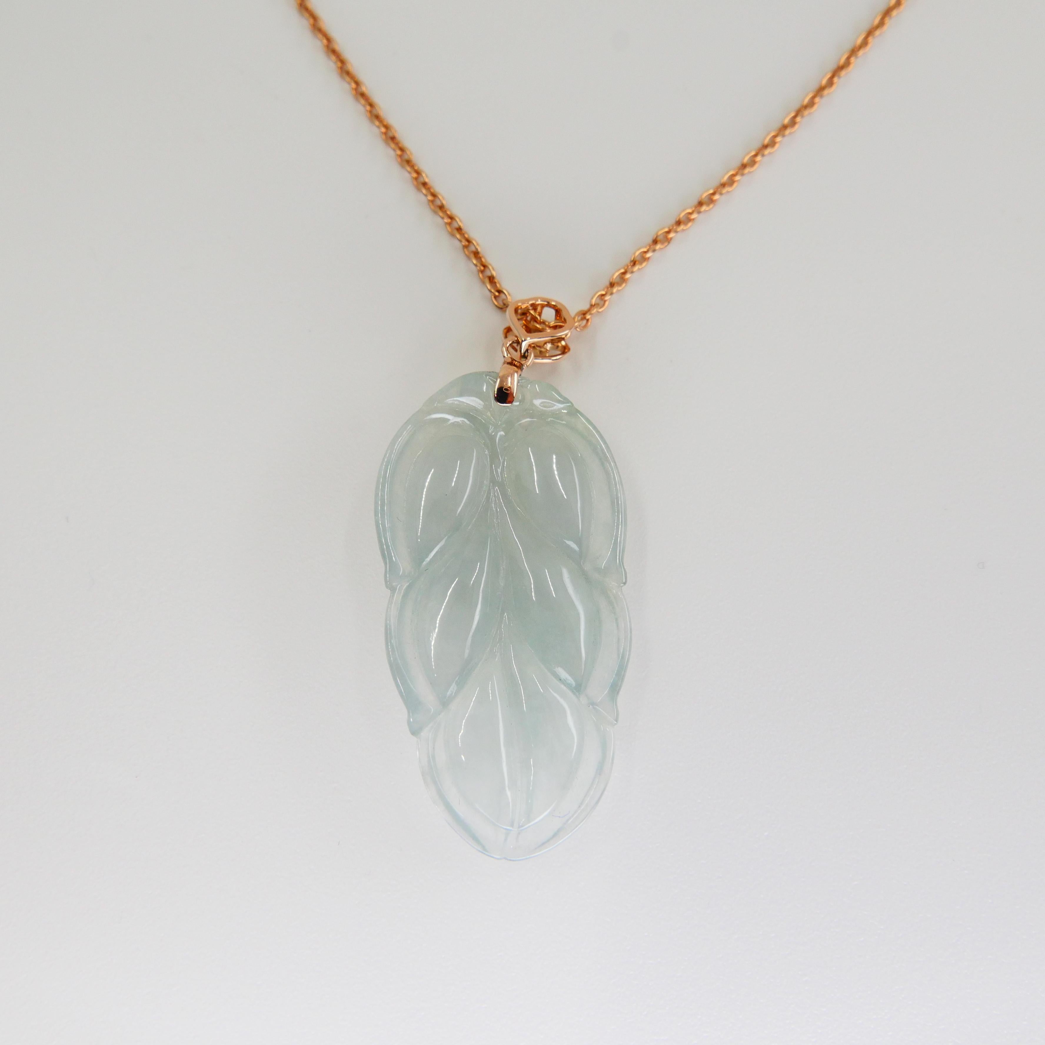 Women's Certified 20.84 Carat Icy Jadeite Jade Leaf Pendant Necklace, Good Fortune For Sale