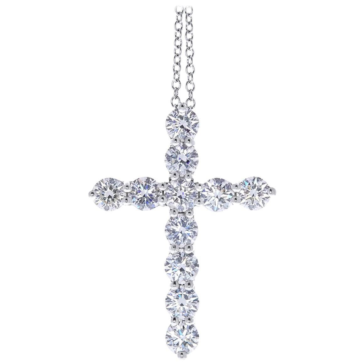 Certified 1.25 Carat Round Diamond Cross Pendant and Necklace in 14 Karat Gold For Sale
