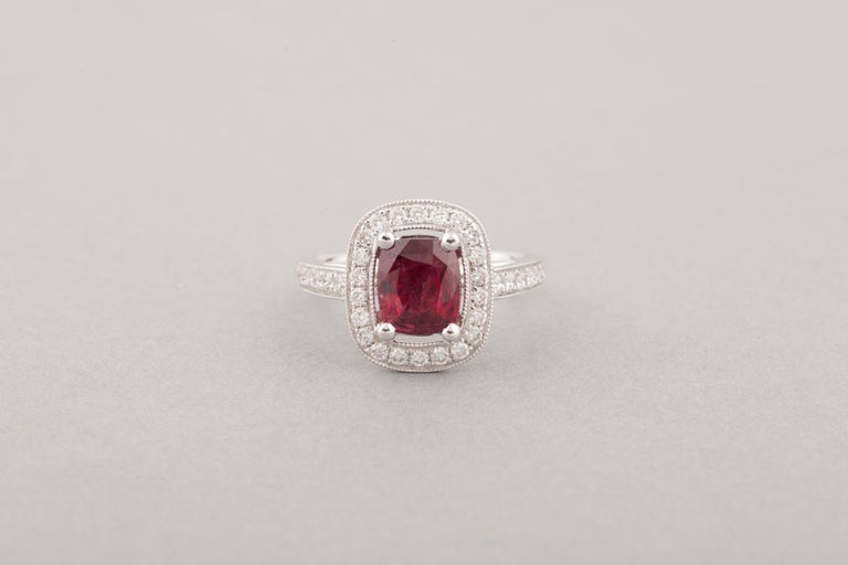 Very beautiful Ruby ring, French made. 
Gold diamonds and and an intense red colour Ruby from Mozambique. 
Certified no Treatment by the Laboratoire Français de Gemmologie (LFG). This is the most serious French Certificate. 
The ruby weights 2.09