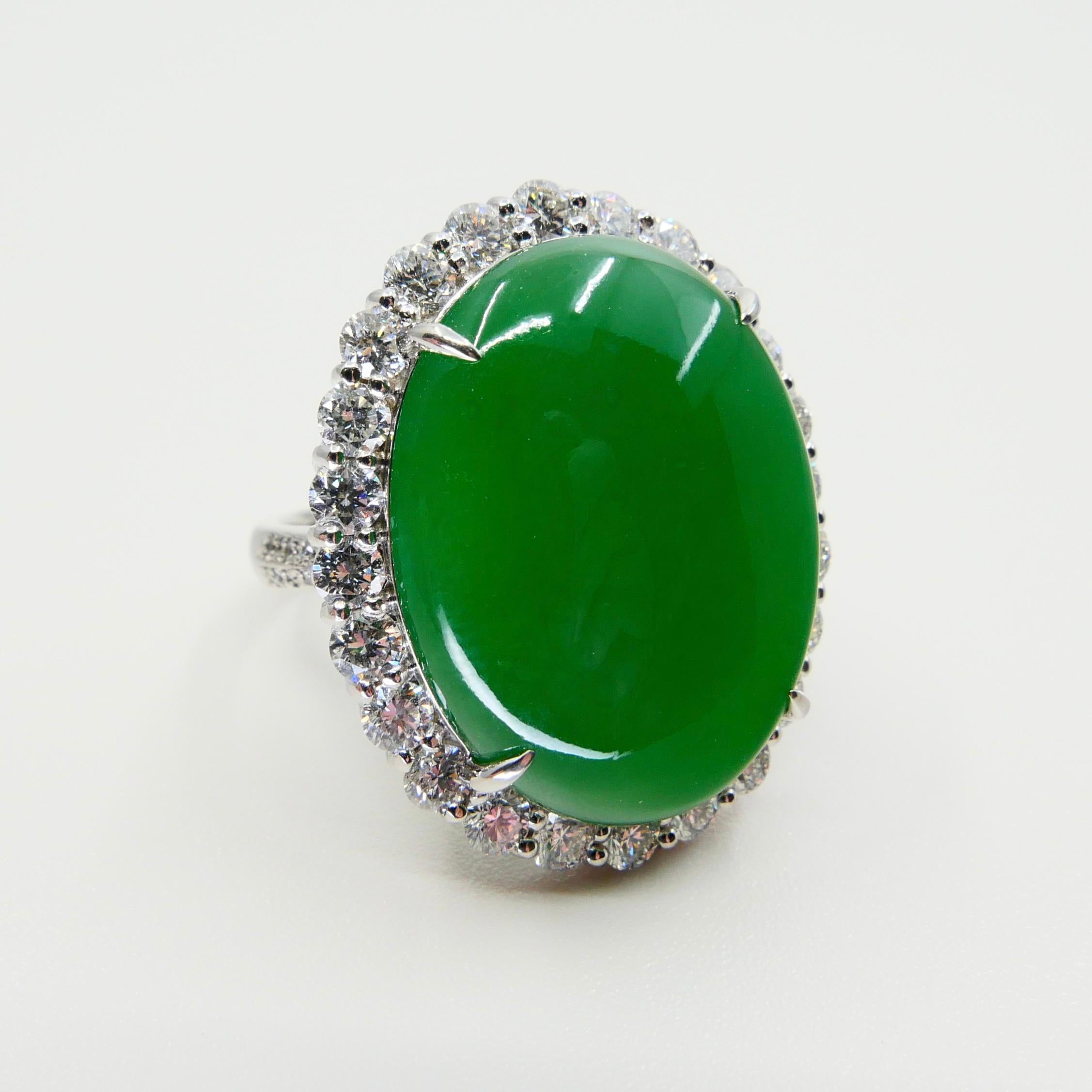 Certified 21 Cts Jade & Diamond Cocktail Ring, Intense Apple Green, Massive 3