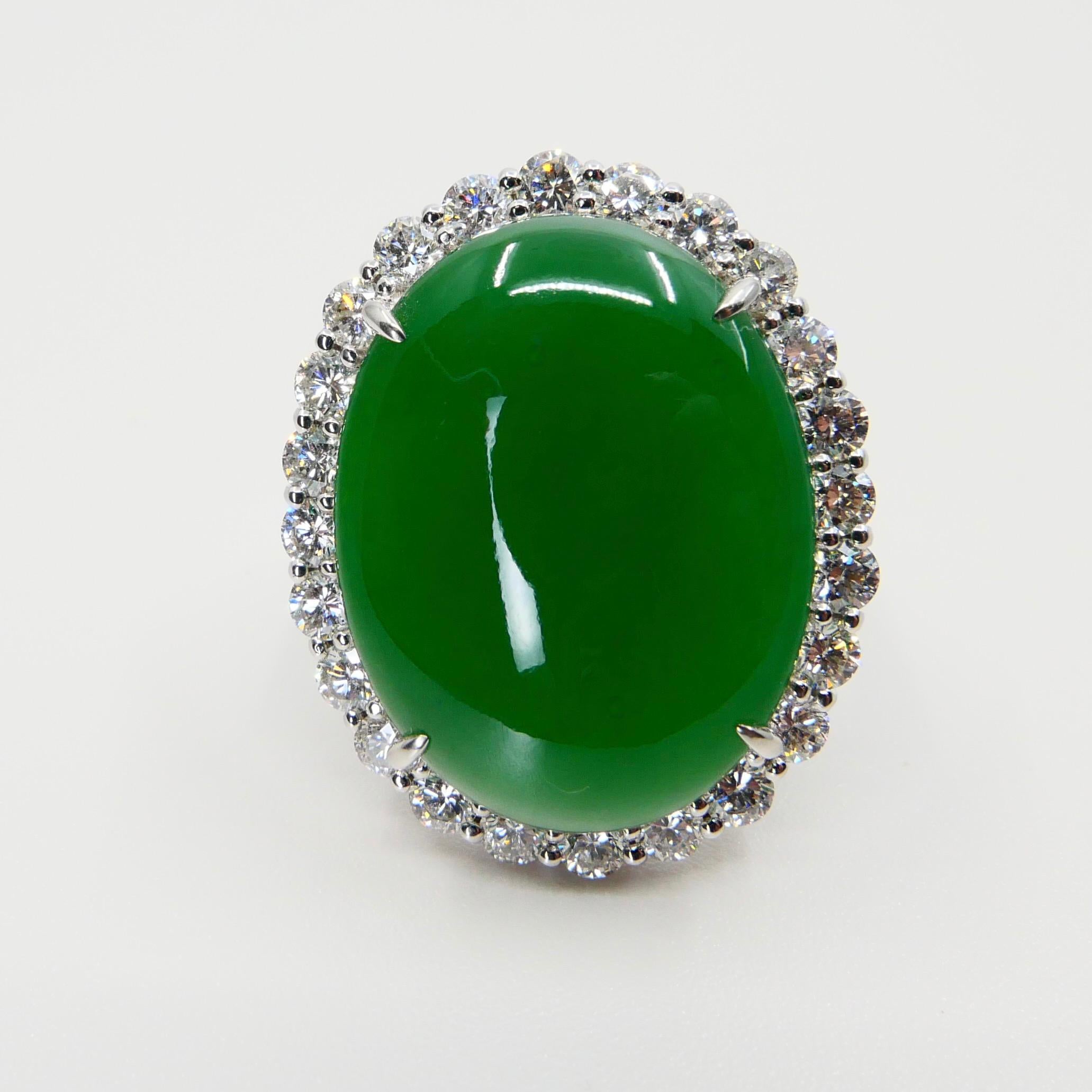 Certified 21 Cts Jade & Diamond Cocktail Ring, Intense Apple Green, Massive 5