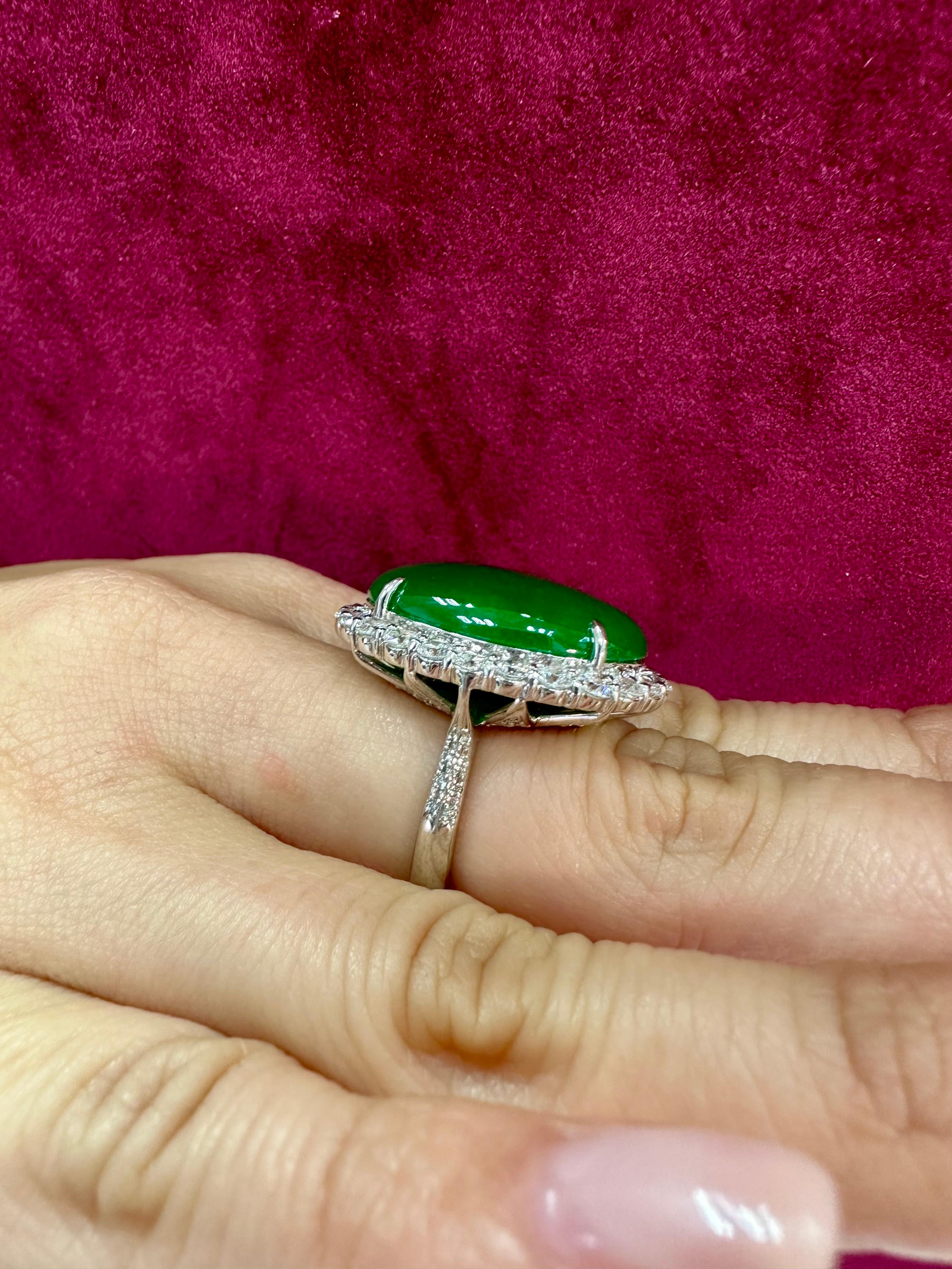 Certified 21 Cts Jade & Diamond Cocktail Ring, Intense Apple Green, Massive 6