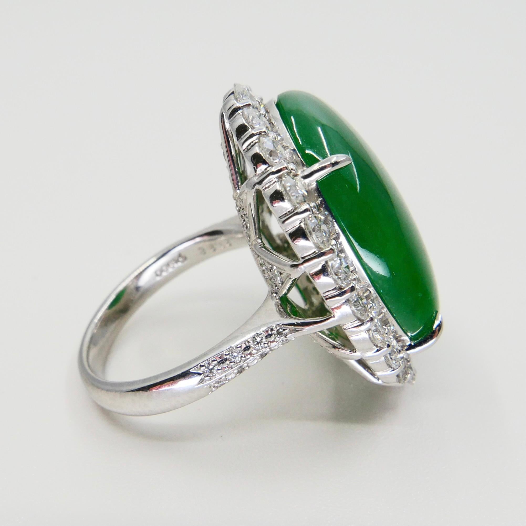 Certified 21 Cts Jade & Diamond Cocktail Ring, Intense Apple Green, Massive 7