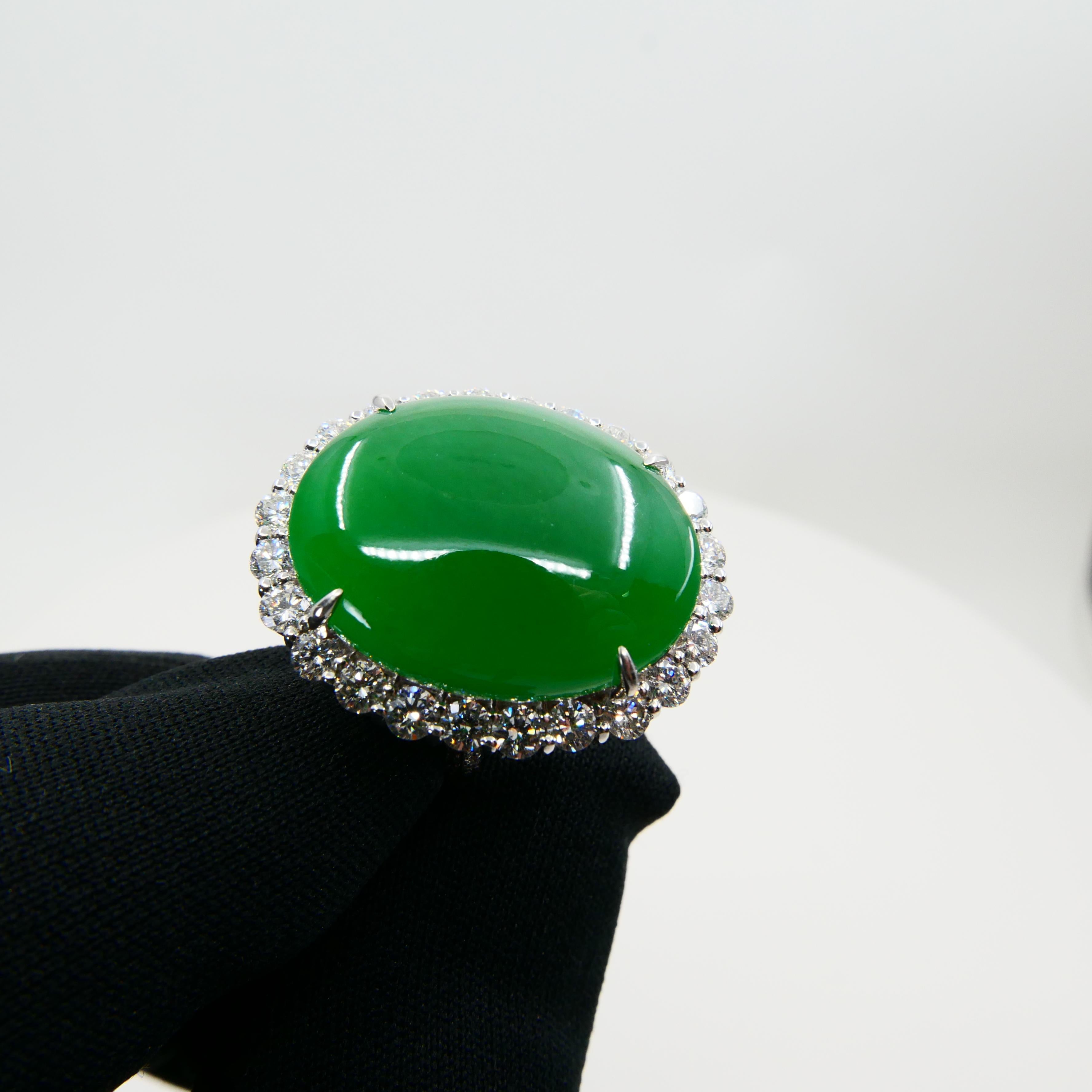Certified 21 Cts Jade & Diamond Cocktail Ring, Intense Apple Green, Massive 8