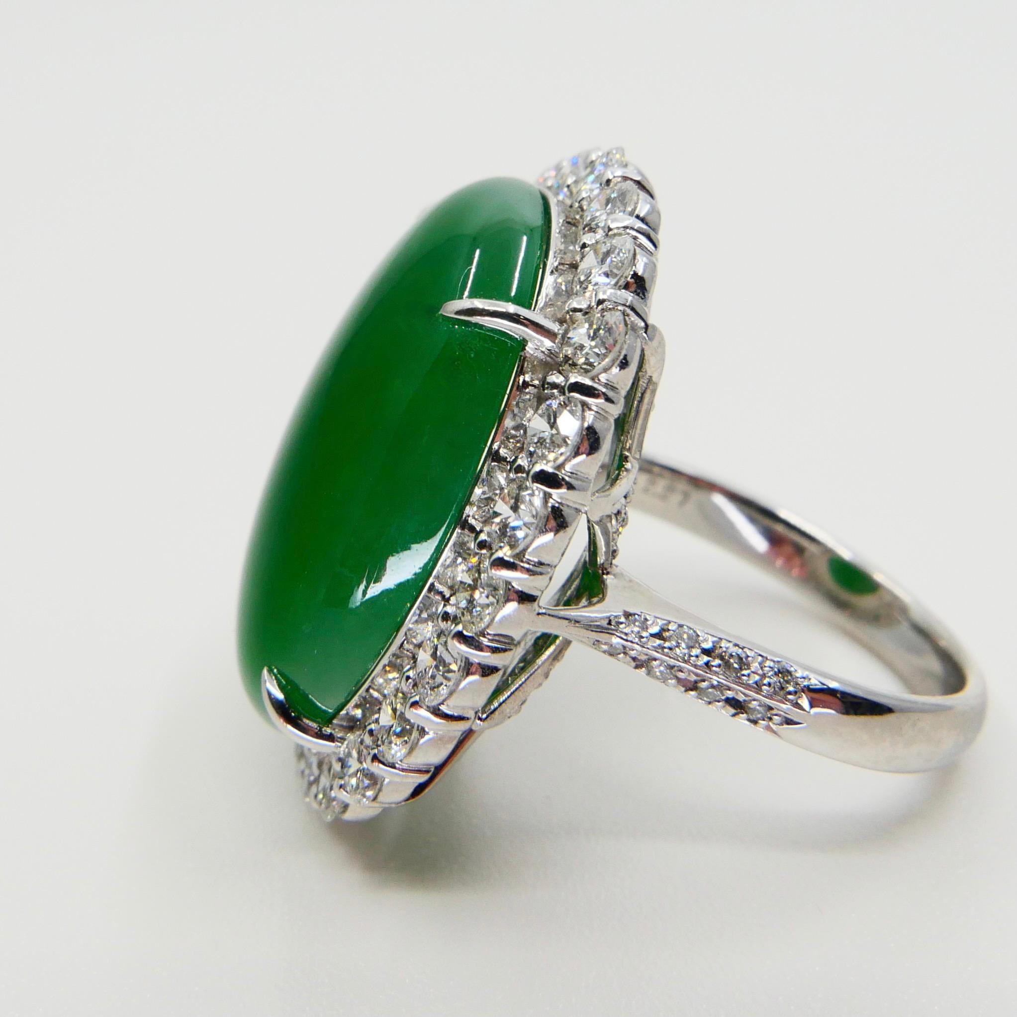 Certified 21 Cts Jade & Diamond Cocktail Ring, Intense Apple Green, Massive 9