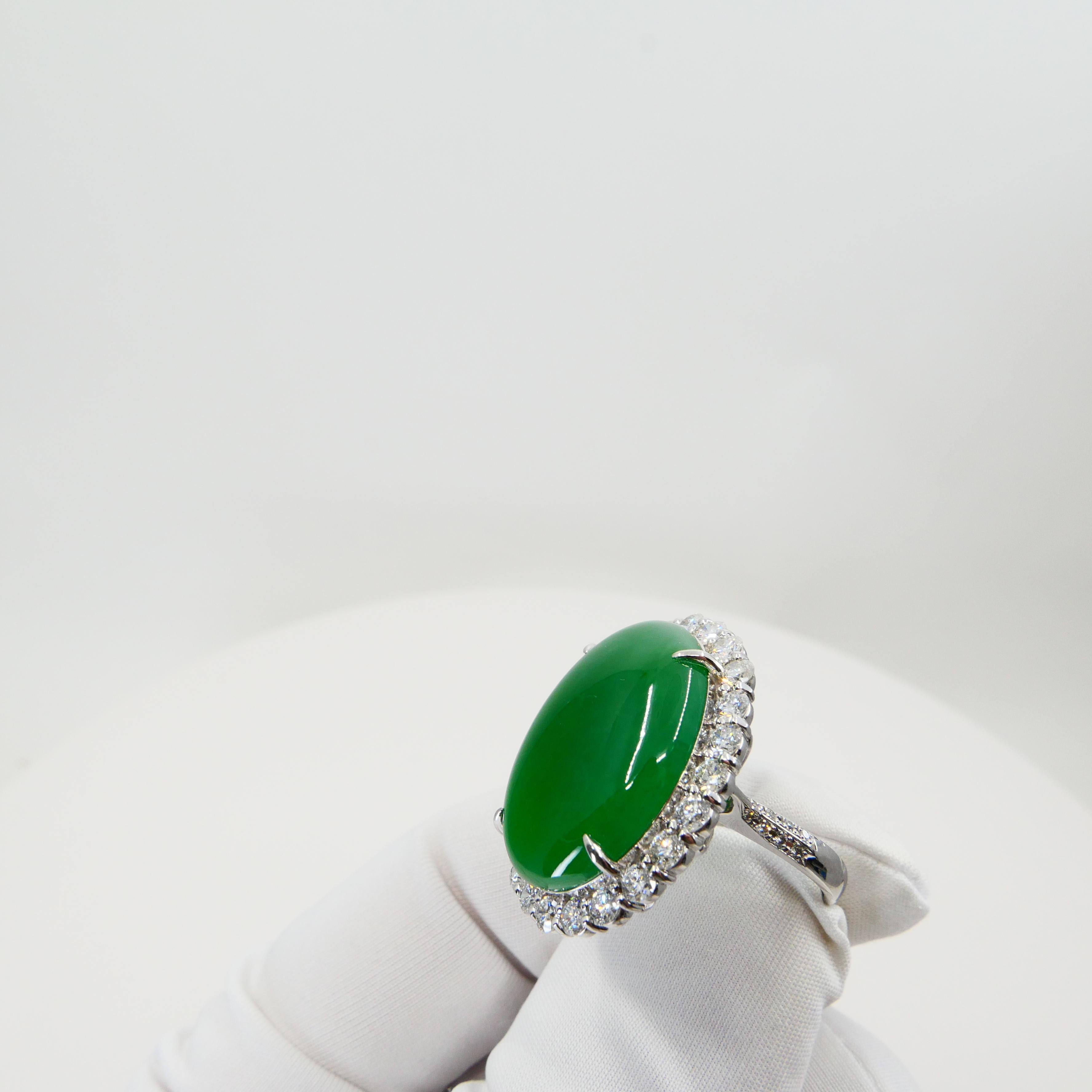 Certified 21 Cts Jade & Diamond Cocktail Ring, Intense Apple Green, Massive 10